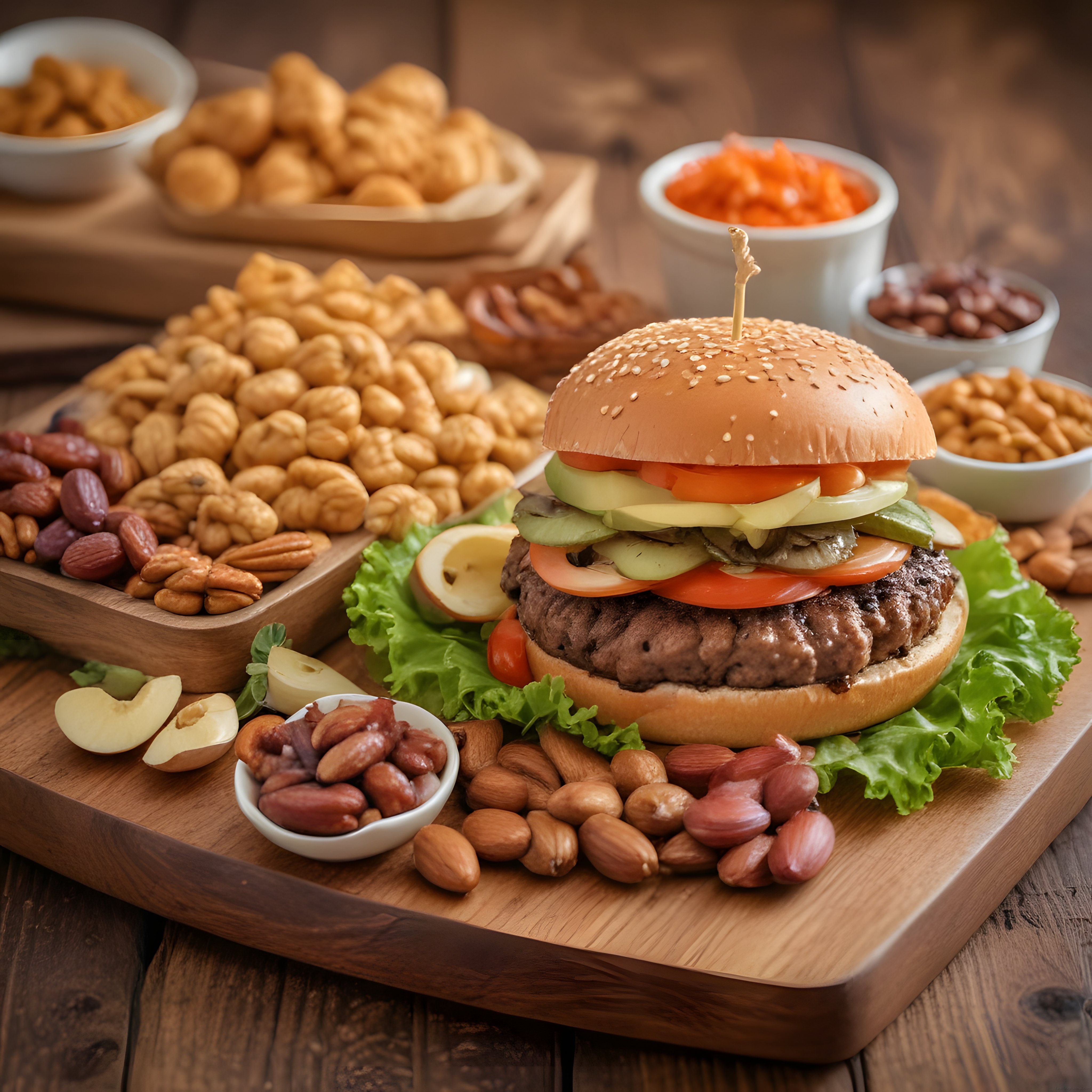 Susamlı Ekmek Arası Izgara Köfte Burger ve Yanında Çeşitli Kuruyemişler