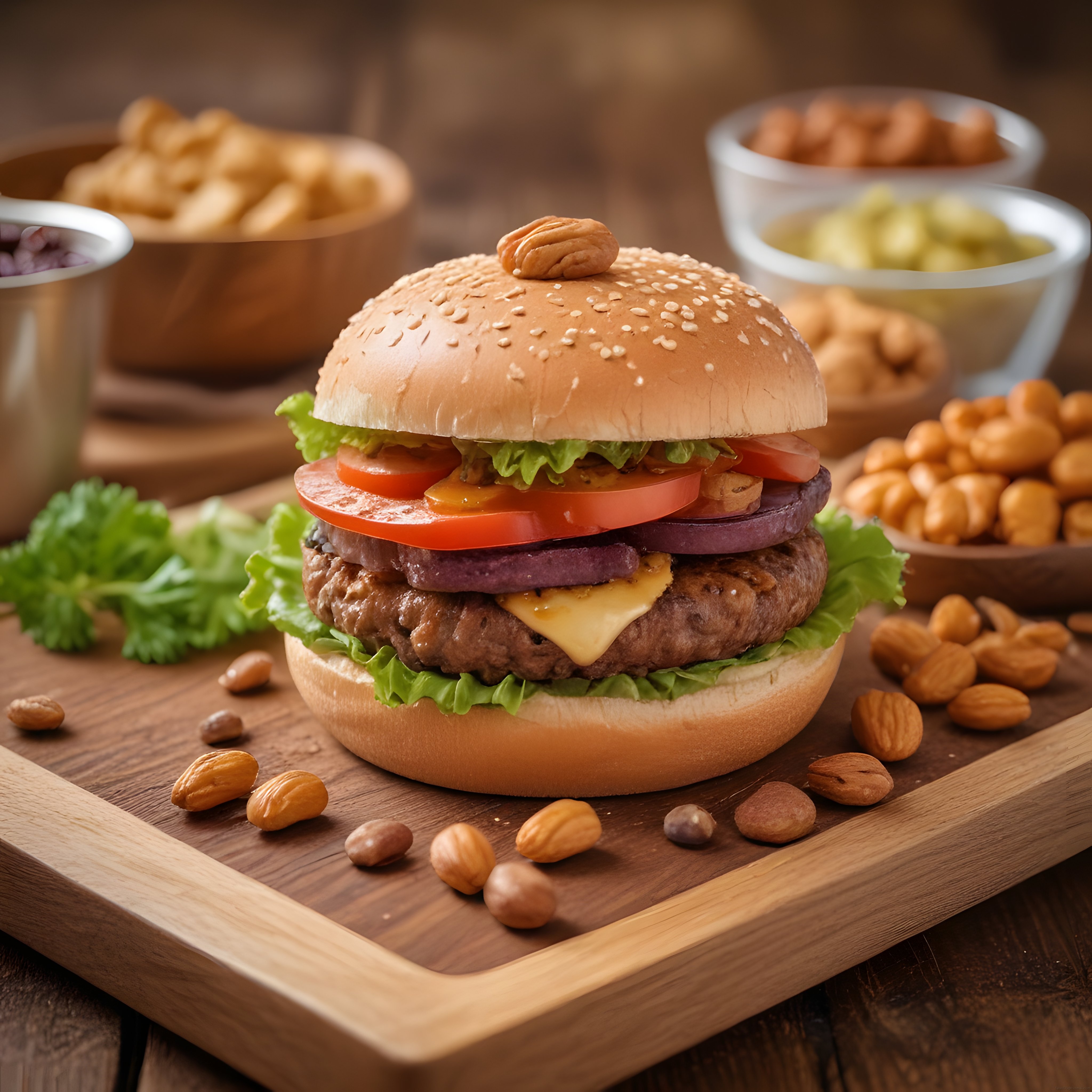 Susamlı Ekmek Arası Izgara Köfte ve Taze Sebzelerle Zengin Burger Sunumu