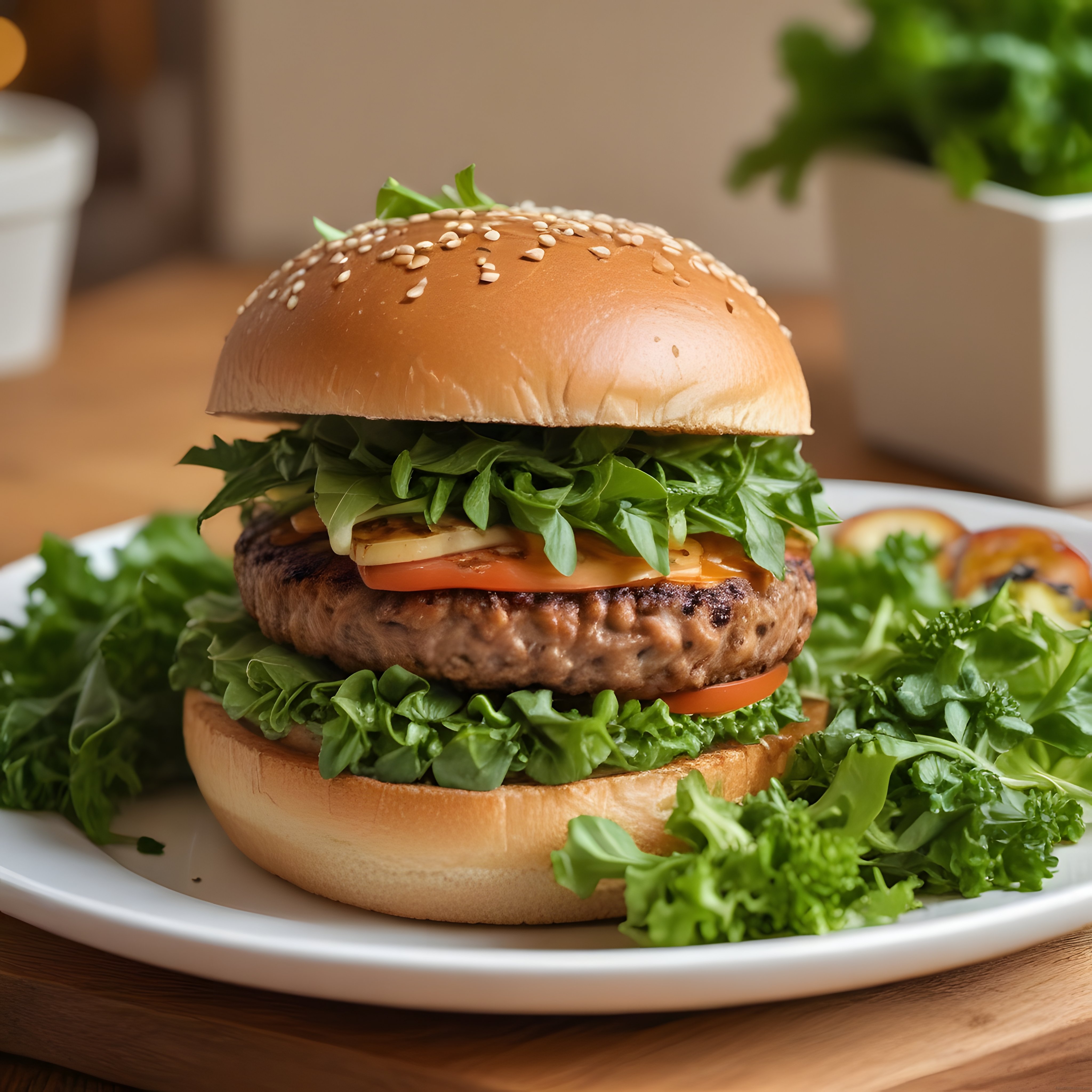 Susamlı Ekmek Arası Izgara Köfteli Gourmet Hamburger ve Taze Yeşillikler