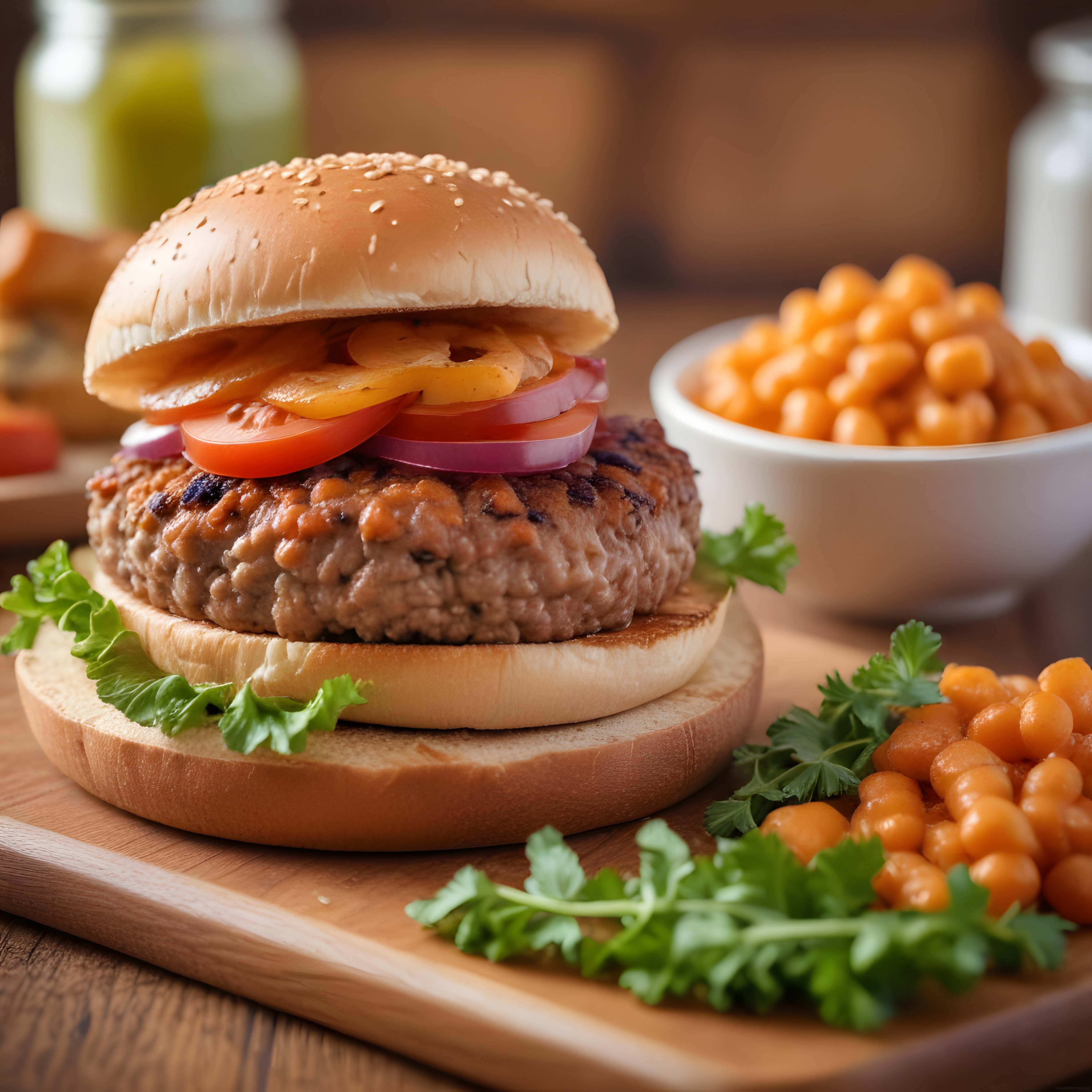 Susamlı Ekmek Arası Izgara Köfteli Hamburger ve Nohutlu Sağlıklı Sunum