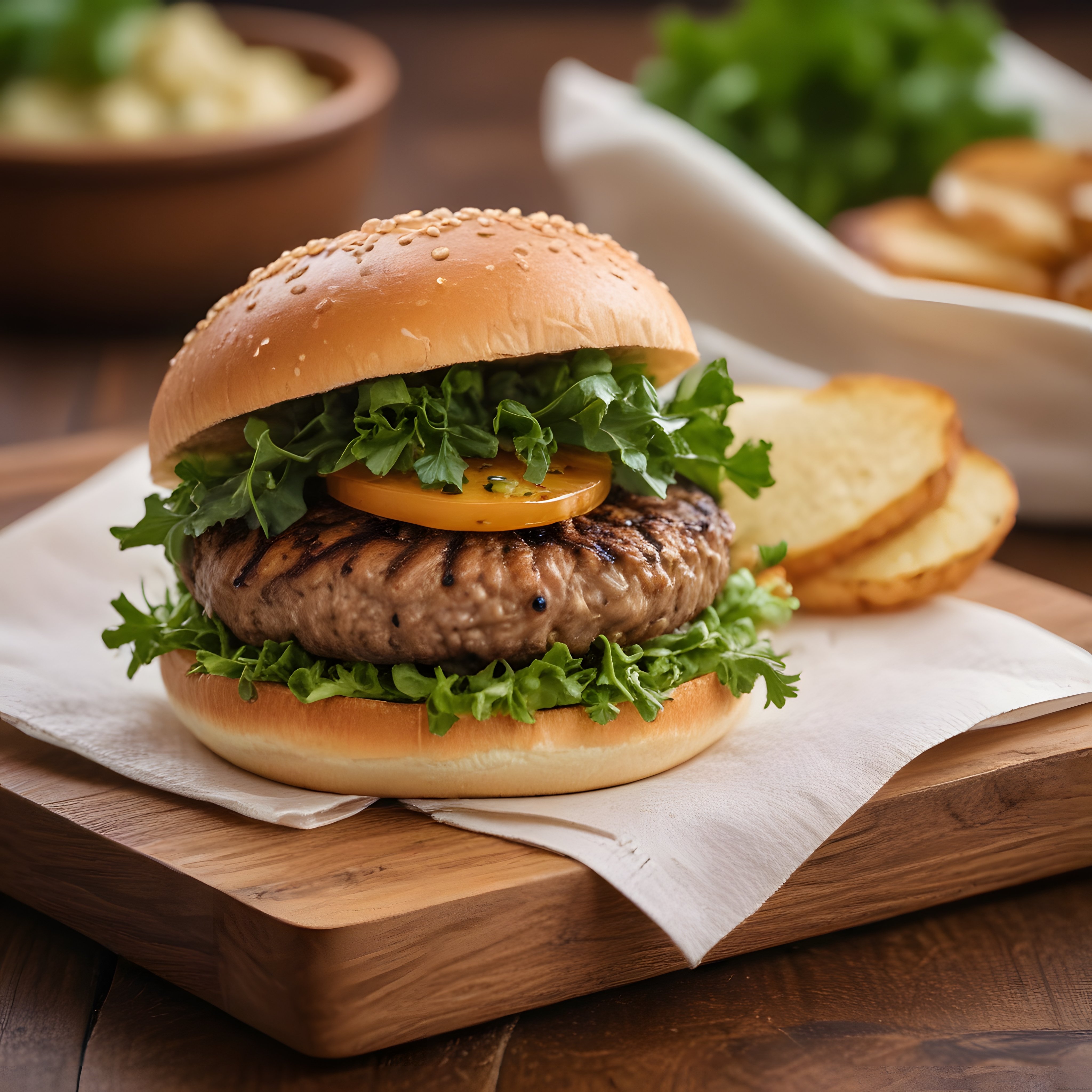 Susamlı Ekmek Arası Izgara Köfteli Hamburger ve Patates Kızartması