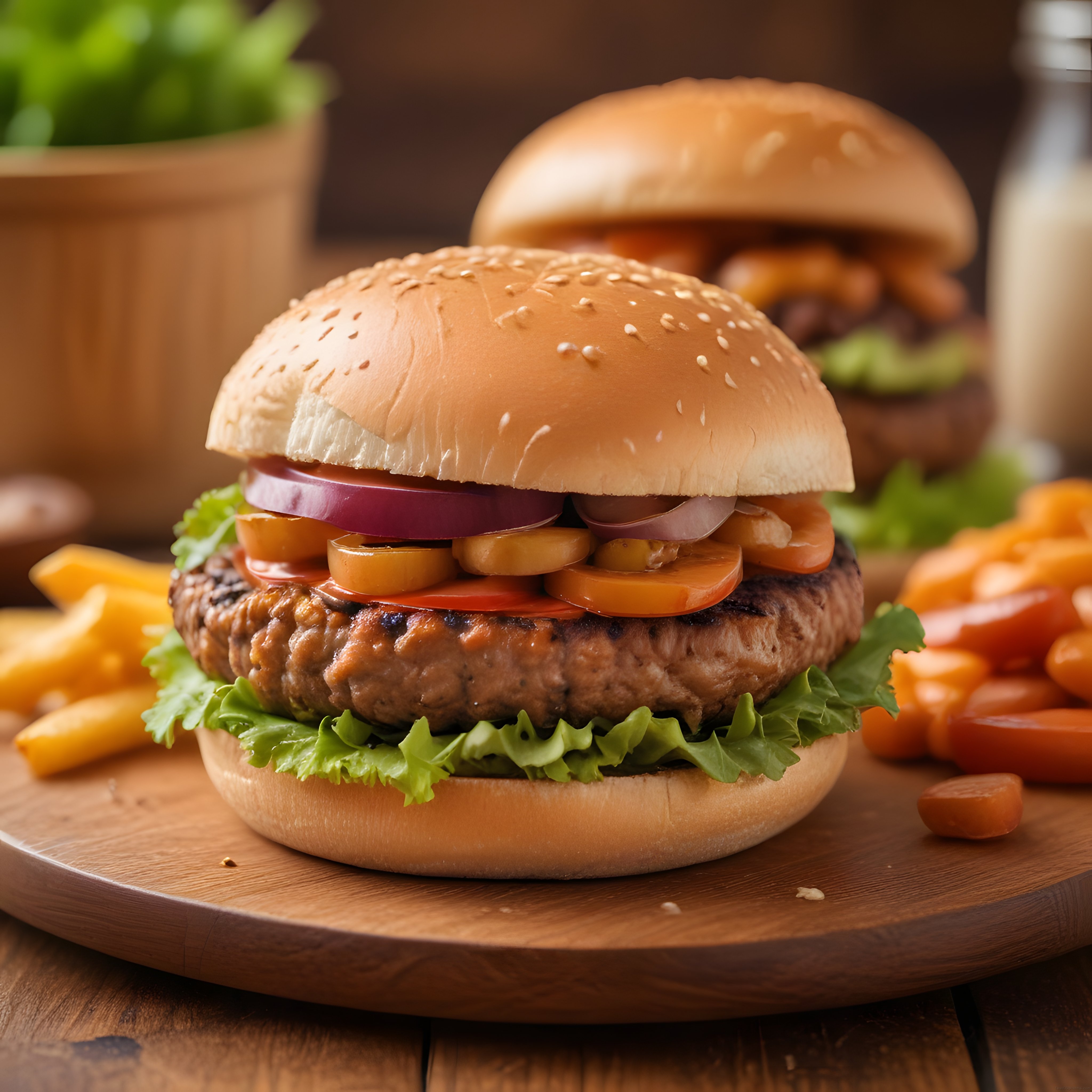 Susamlı Ekmek Arası Izgara Köfteli Hamburger ve Patates Kızartması