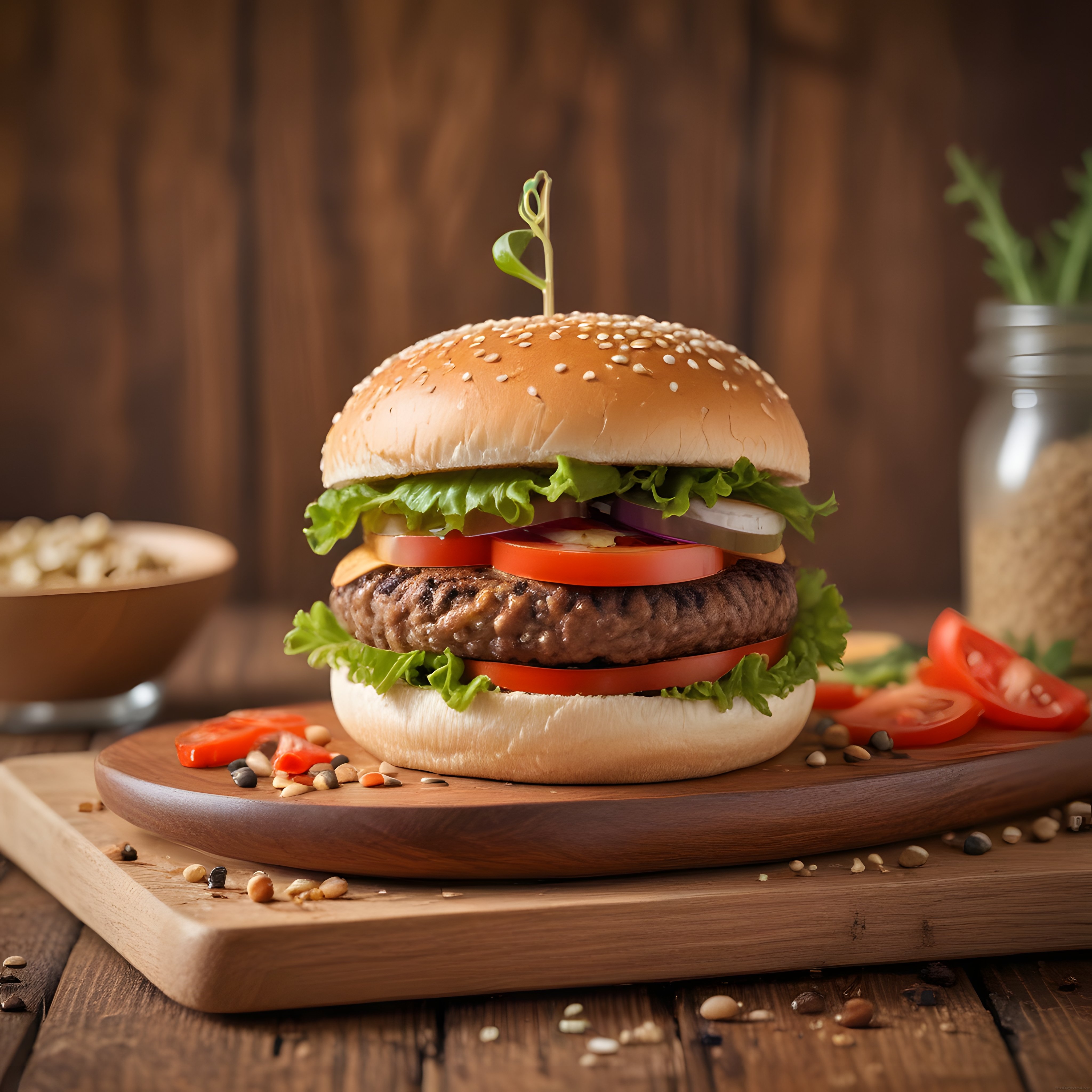 Susamlı Ekmek Arası Izgara Köfteli Hamburger ve Taze Sebzelerle Rustik Sunum