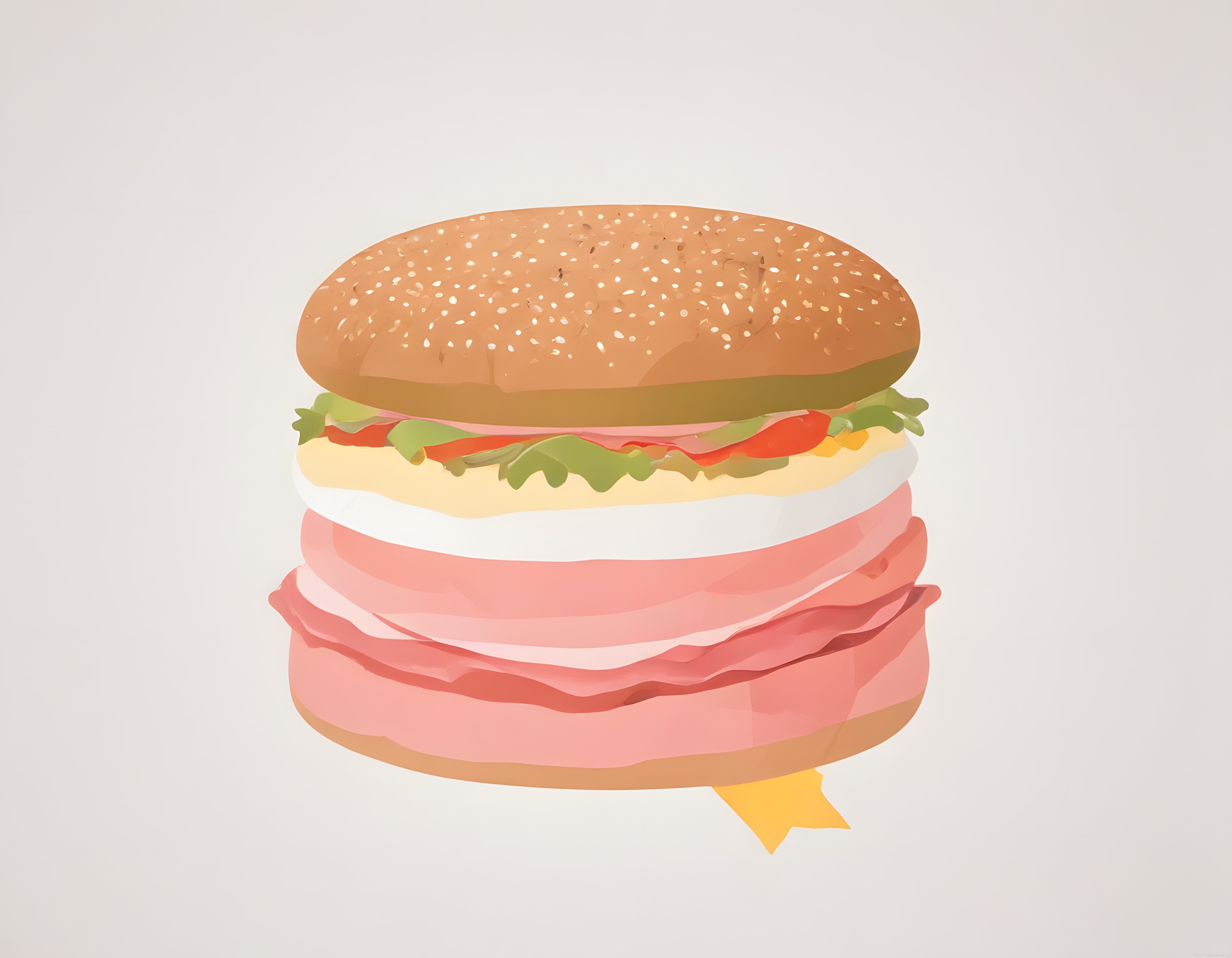 Susamlı ekmek arası katmanlı hamburger illüstrasyonu ve sokak lezzeti estetiği