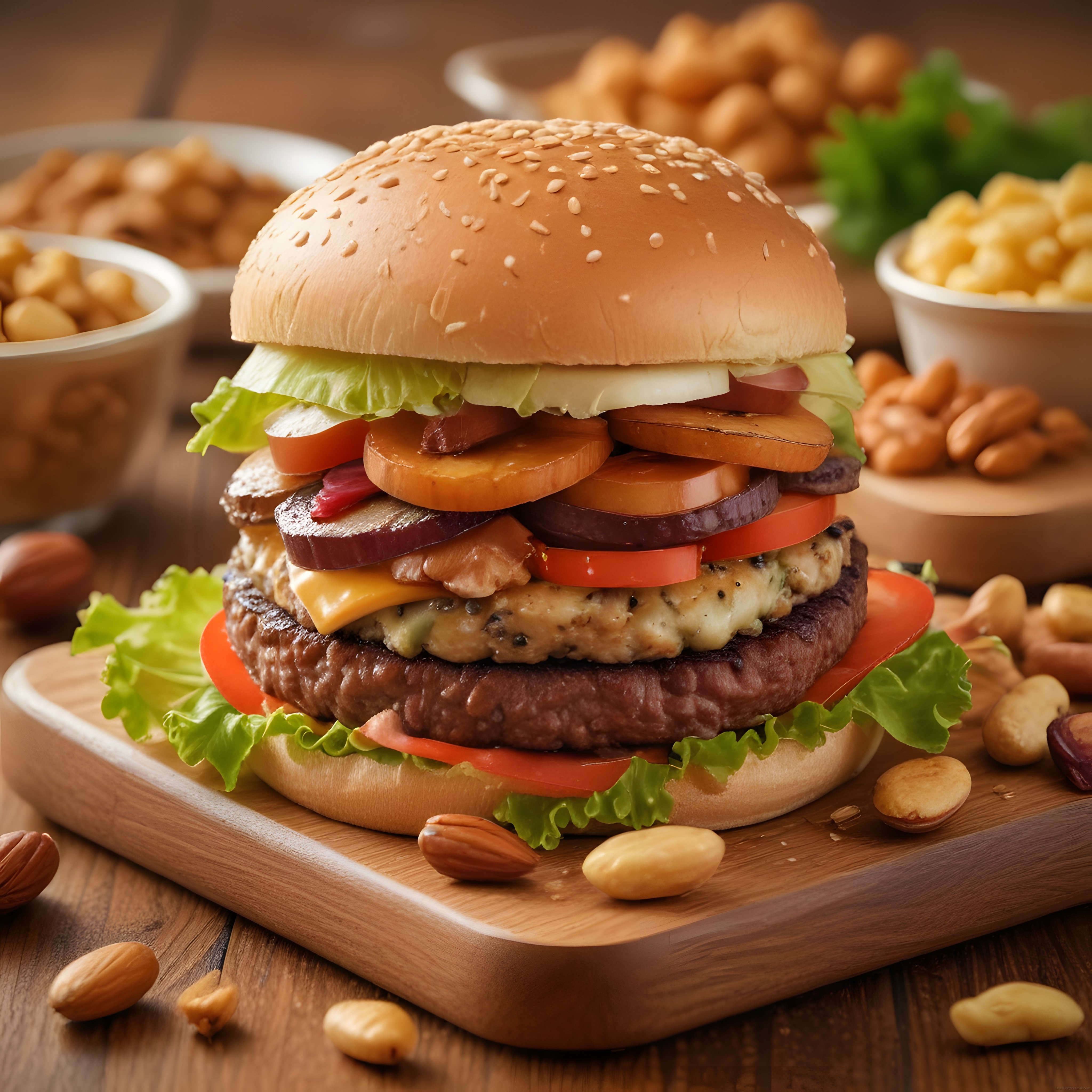 Susamlı ekmek arası taze sebzelerle dolu gurme hamburger ve yan lezzetler