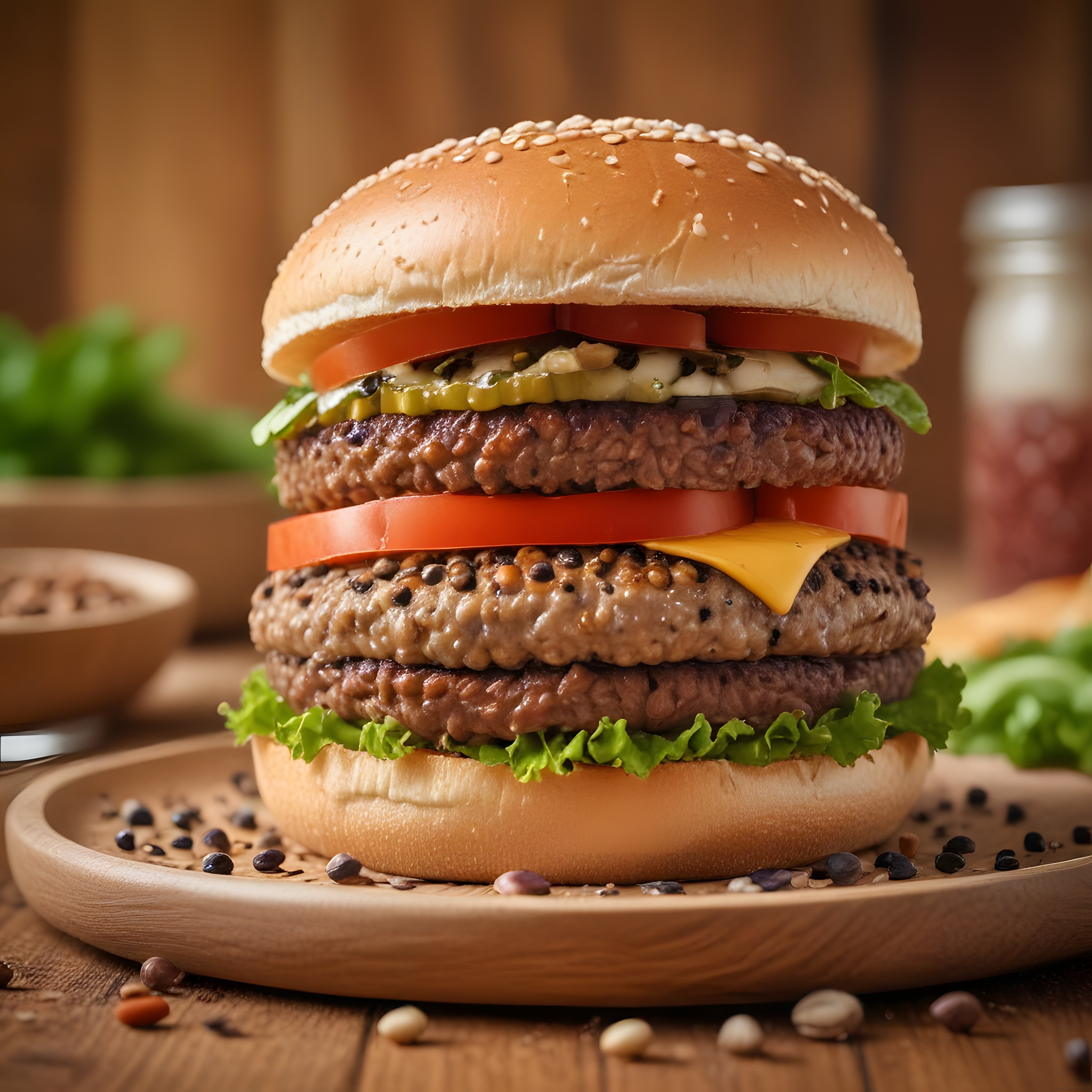 Susamlı Ekmek Arası Üç Katlı Dana Köfteli Hamburger ve Ahşap Sunum Tahtası