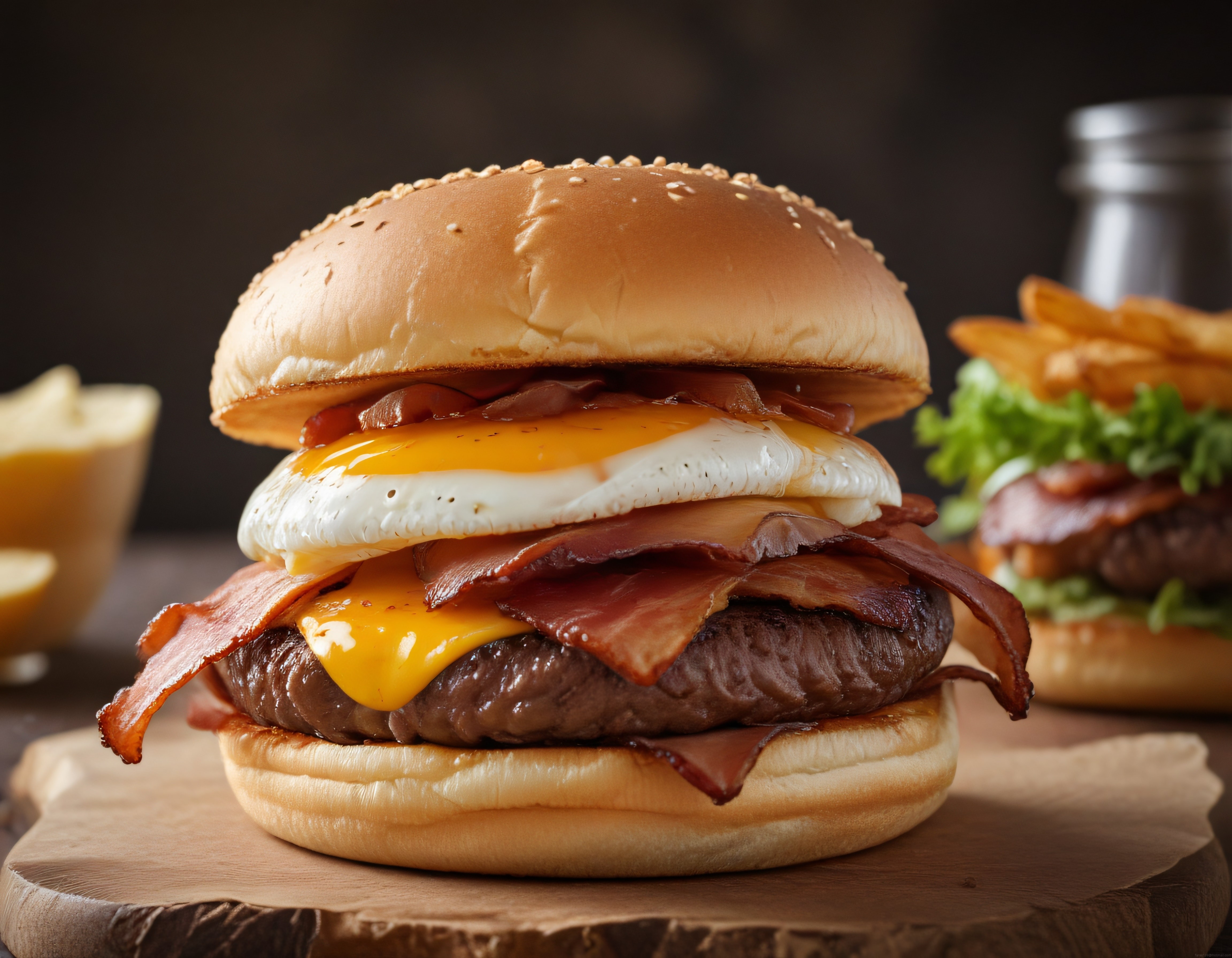 Susamlı Ekmek Arası Yumurtalı Baconlı Cheeseburger ve Patates Kızartması