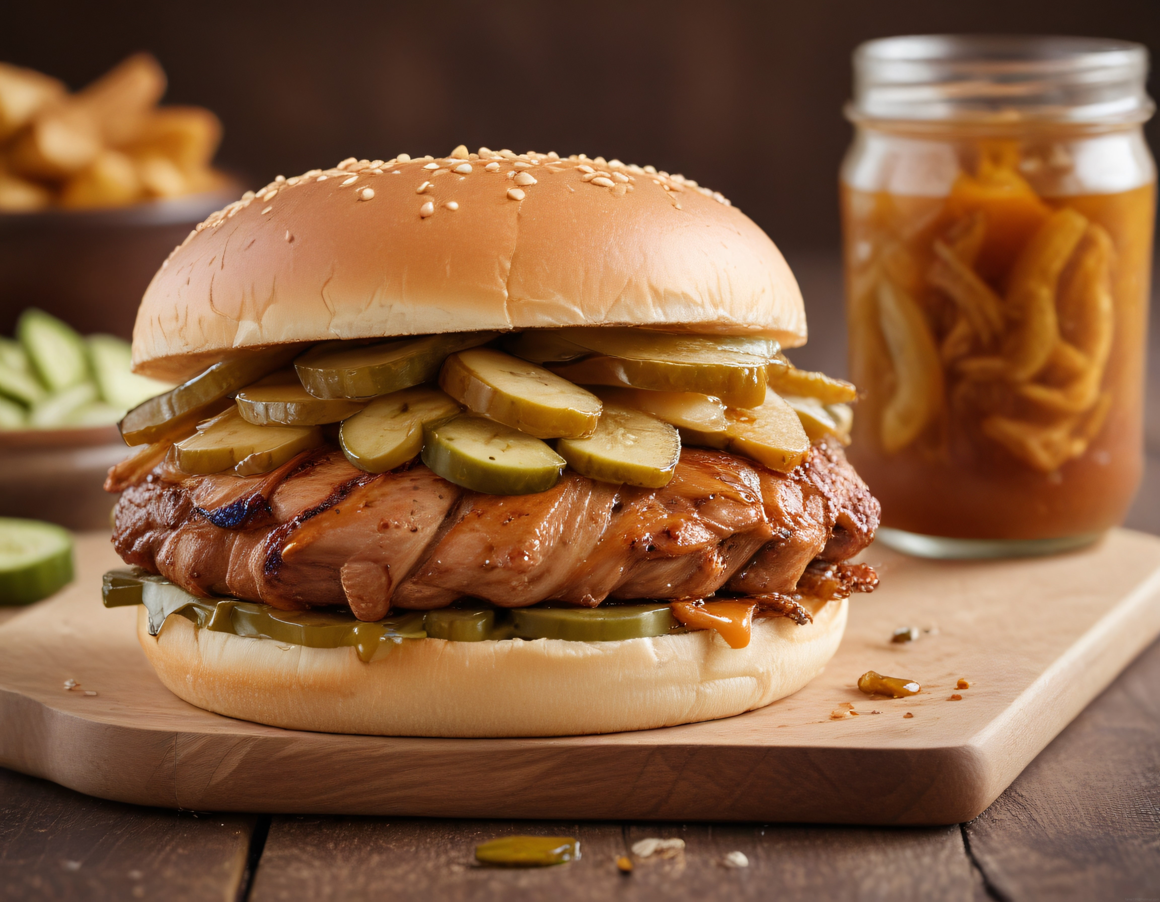 Susamlı Ekmek Arasında Barbekü Soslu Izgara Tavuk ve Bol Turşu ile Nefis Burger