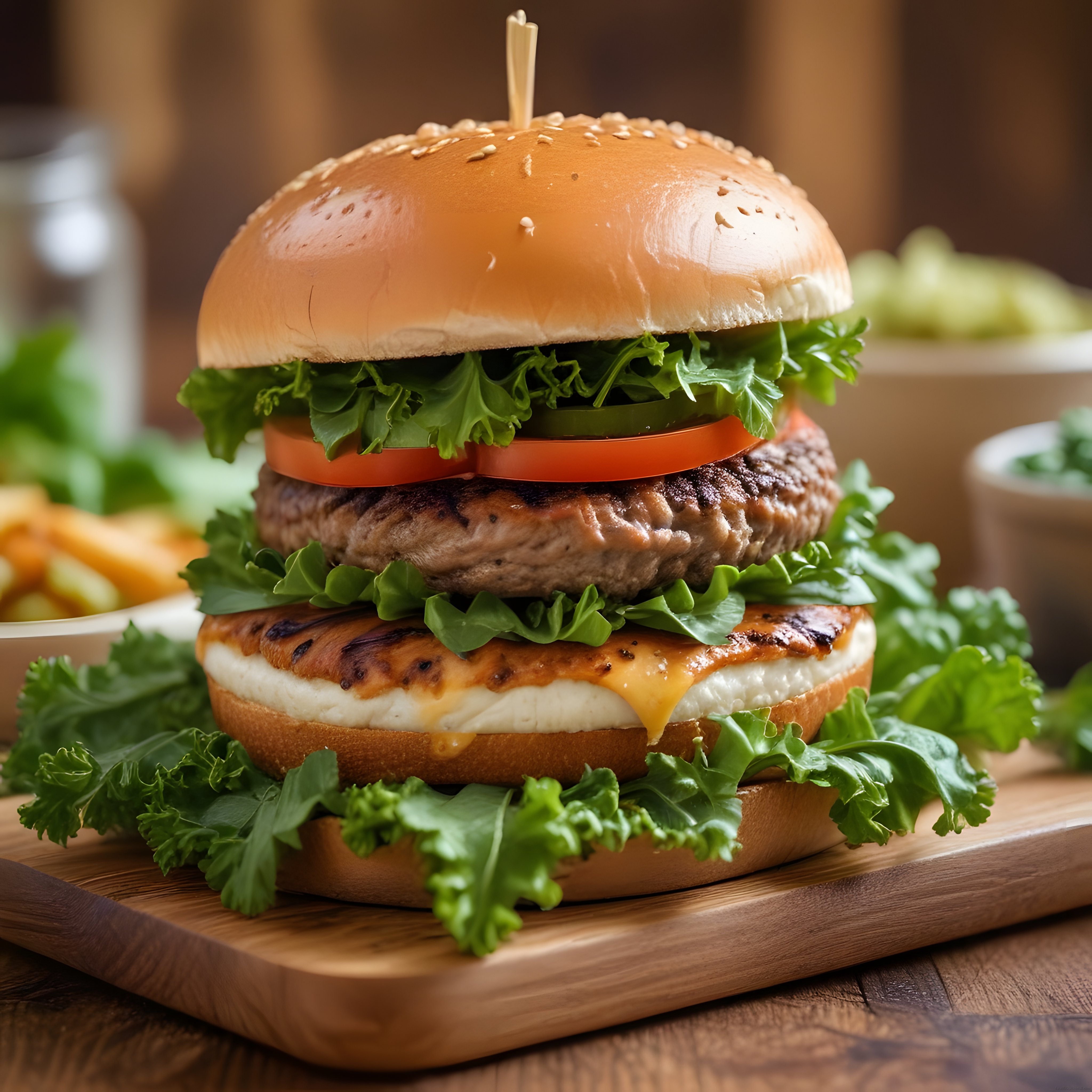 Susamlı Ekmek Arasında Çift Katlı Izgara Burger ve Patatesler