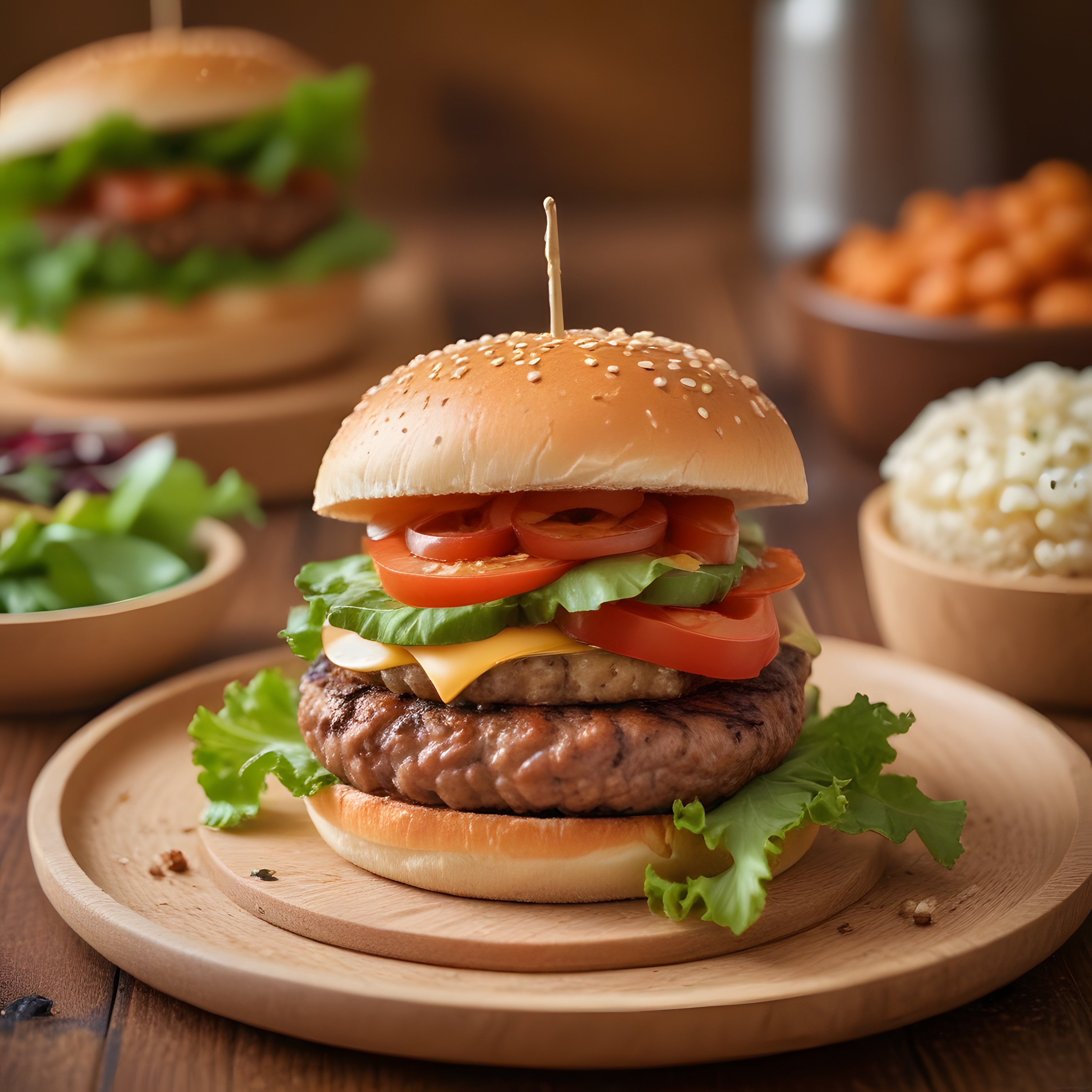 Susamlı Ekmek Arasında Çift Katlı Izgara Hamburger ve Yan Lezzetler