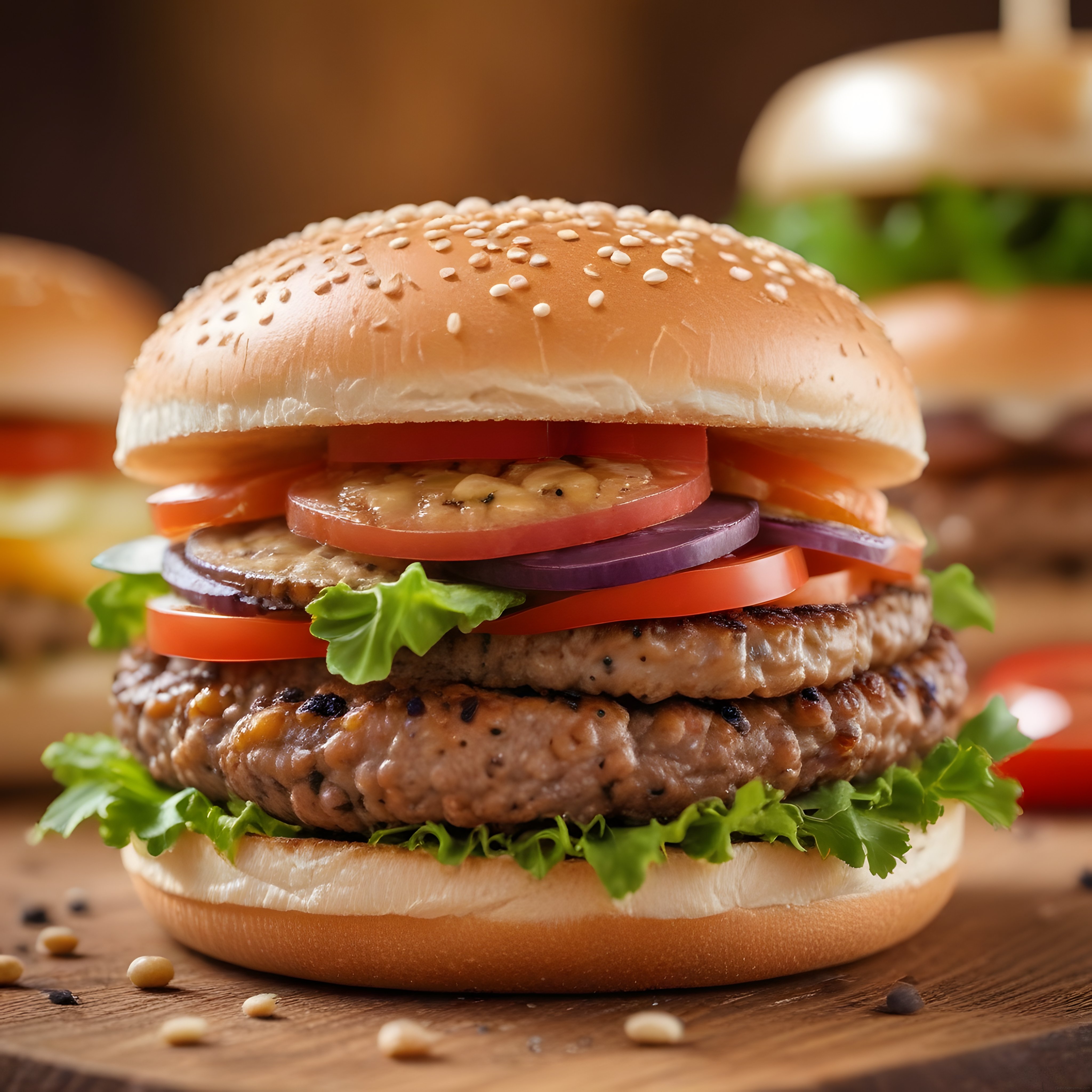 Susamlı Ekmek Arasında Çift Katlı Izgara Köfteli Hamburger ve Taze Sebzeler