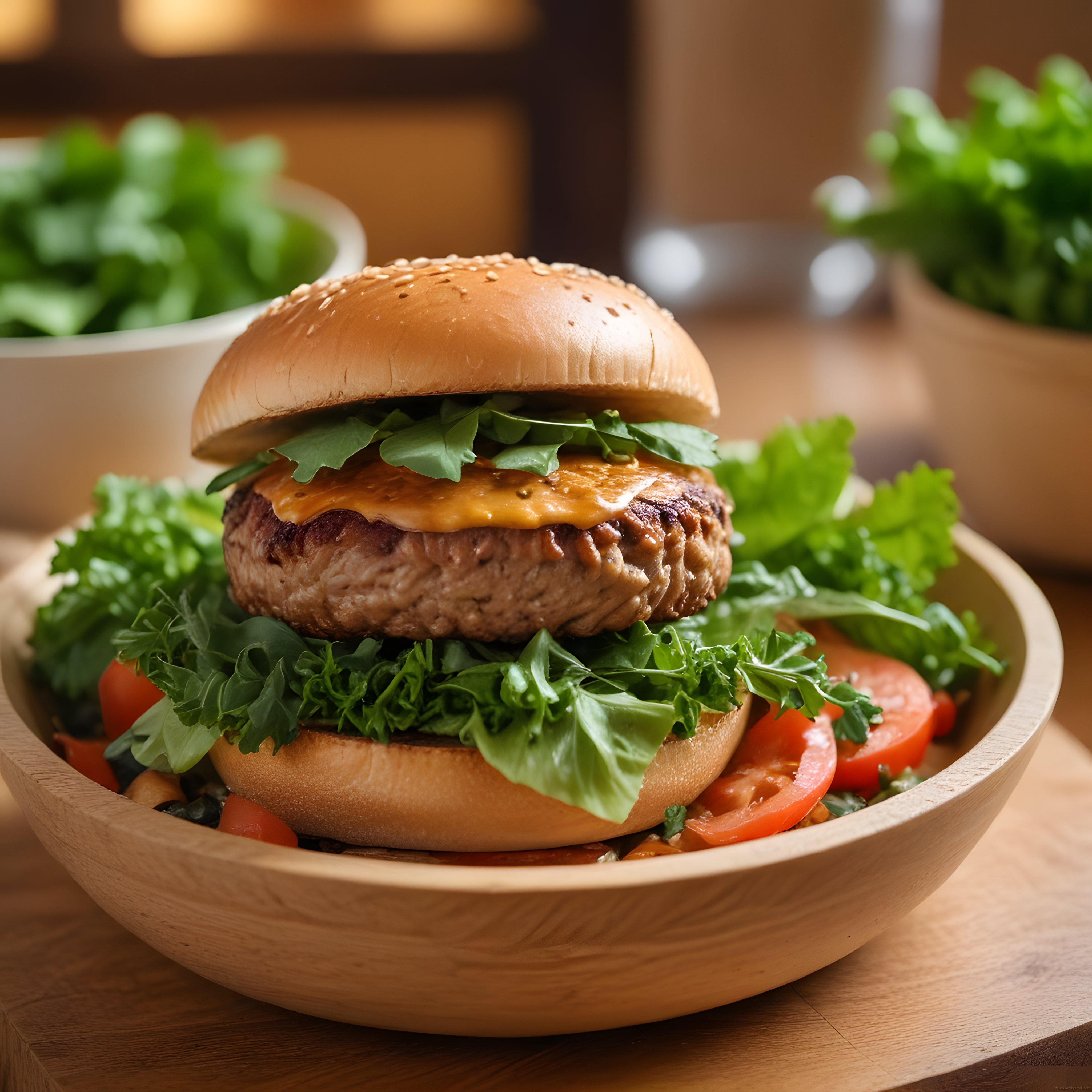 Susamlı ekmek arasında erimiş peynirli ve taze yeşillikli hamburger