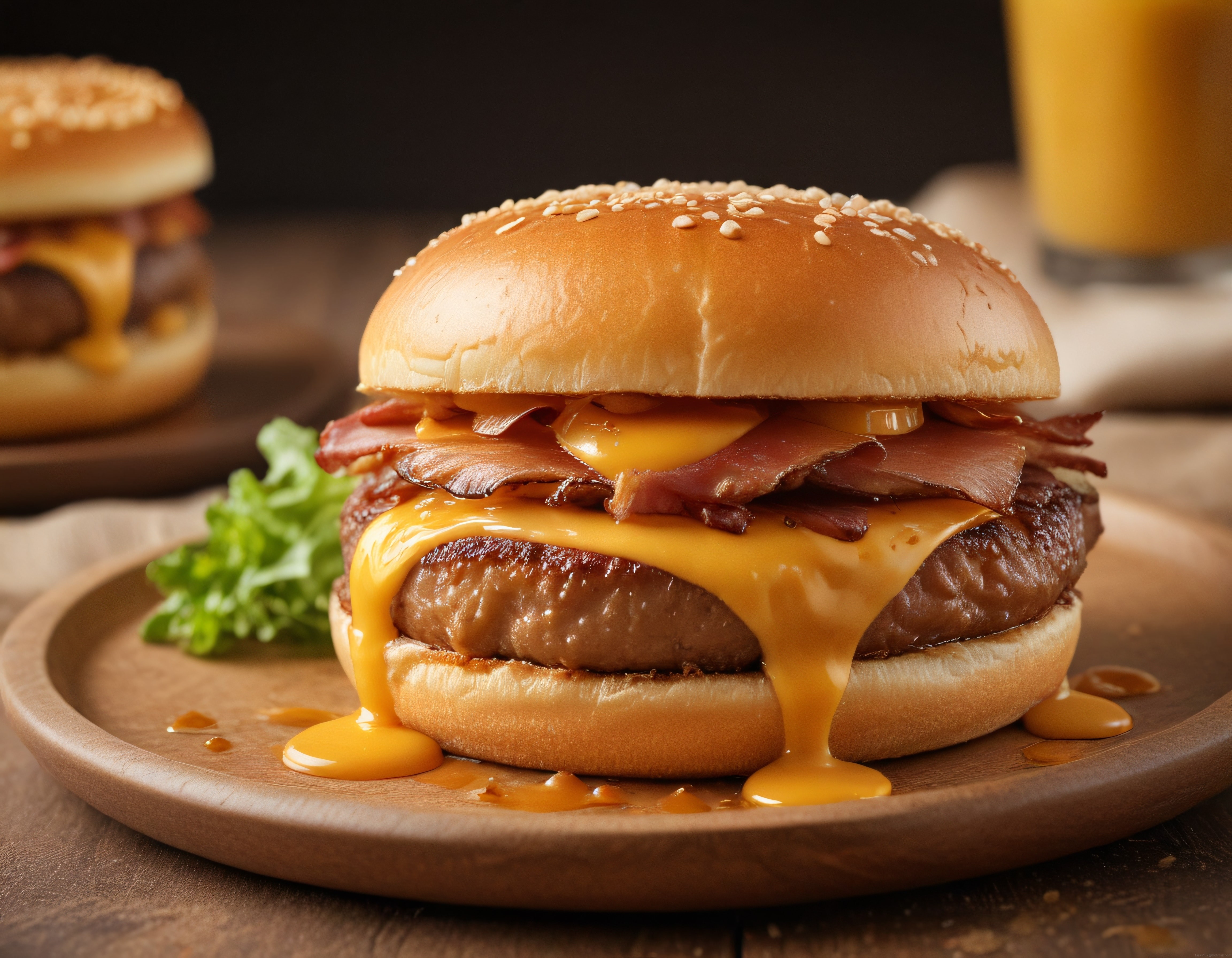 Susamlı ekmek arasında eriyen peynirli ve pastırmalı nefis ızgara burger