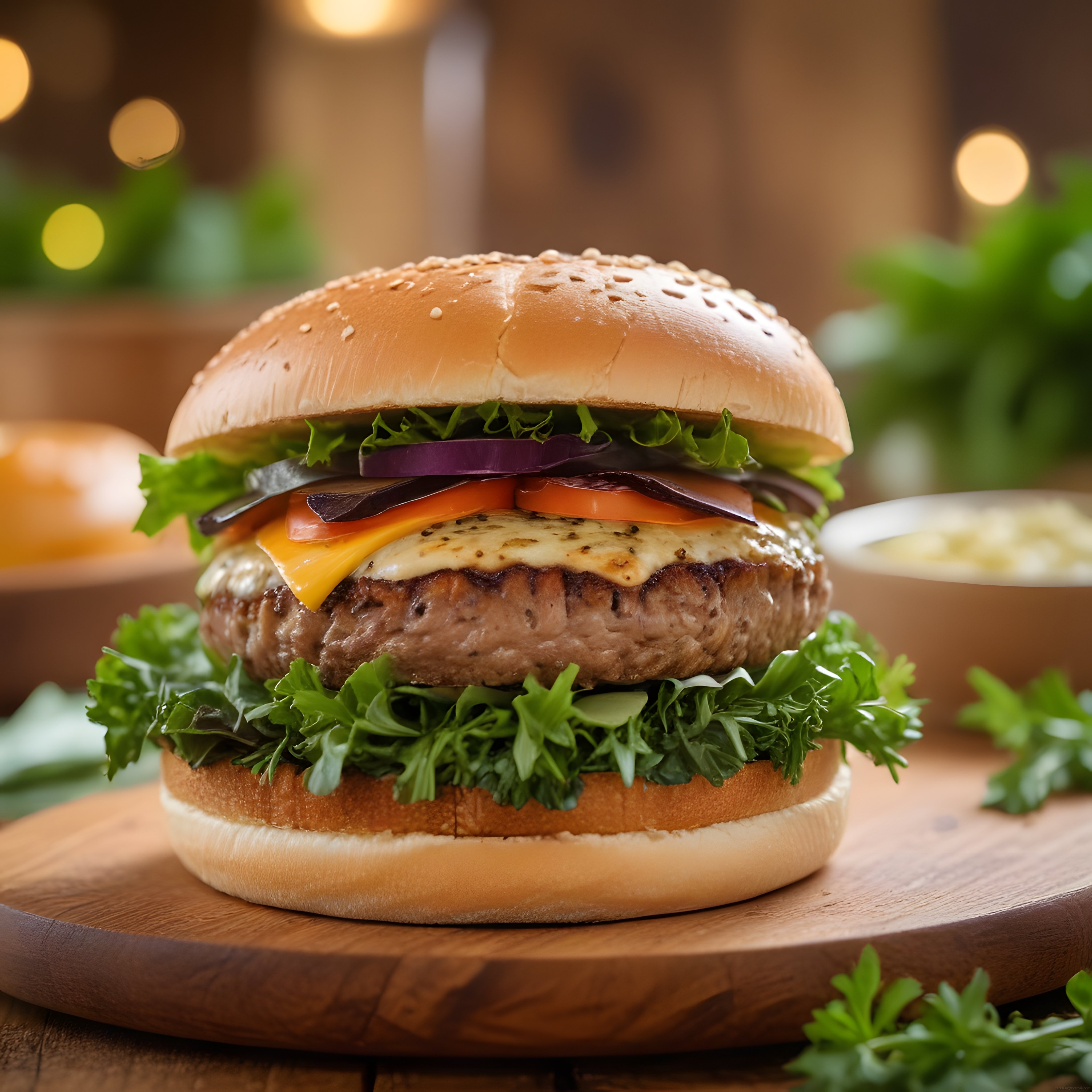 Susamlı Ekmek Arasında Izgara Köfte ve Cheddarlı Hamburger Sunumu