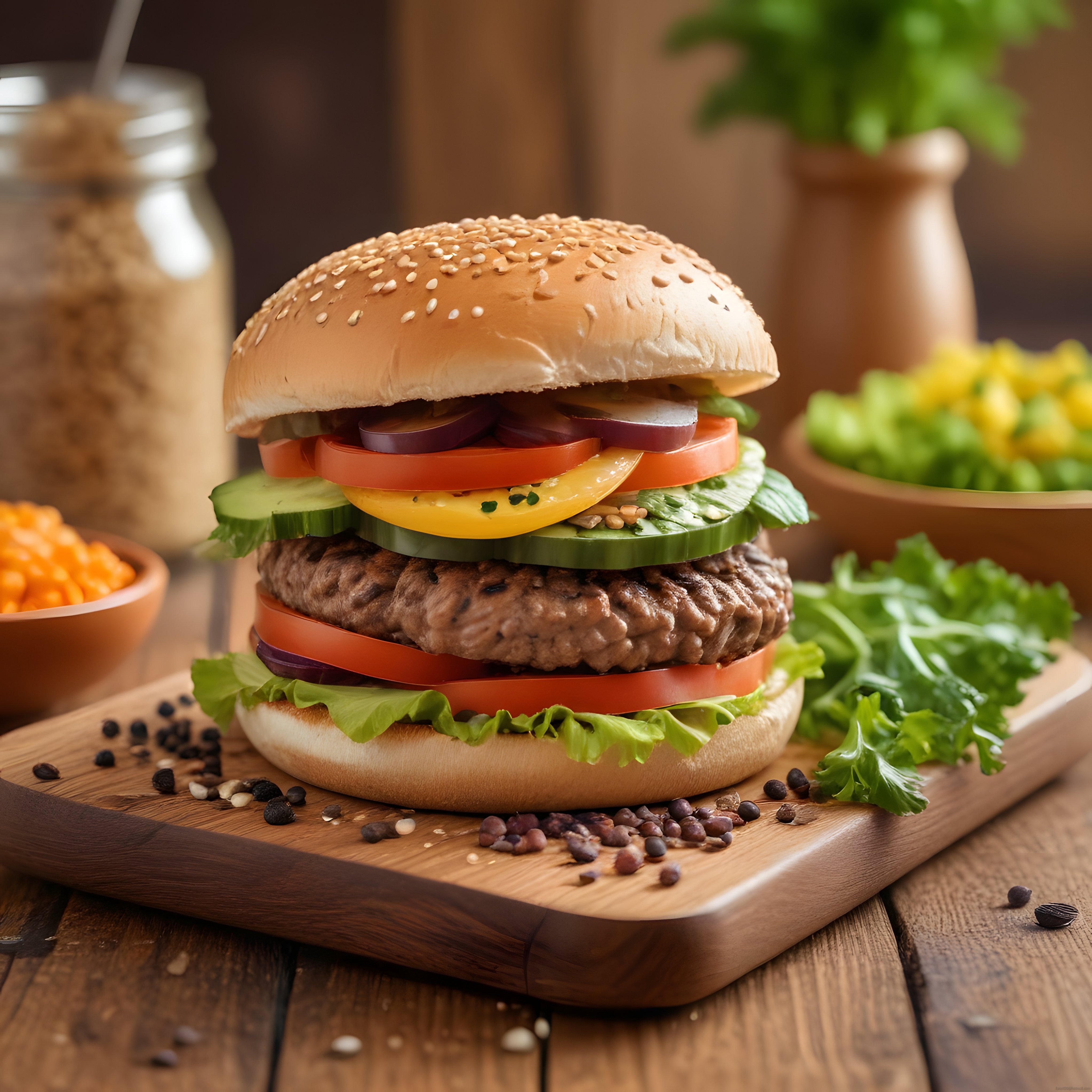 Susamlı Ekmek Arasında Izgara Köfteli ve Taze Sebzeli Gurme Hamburger Sunumu