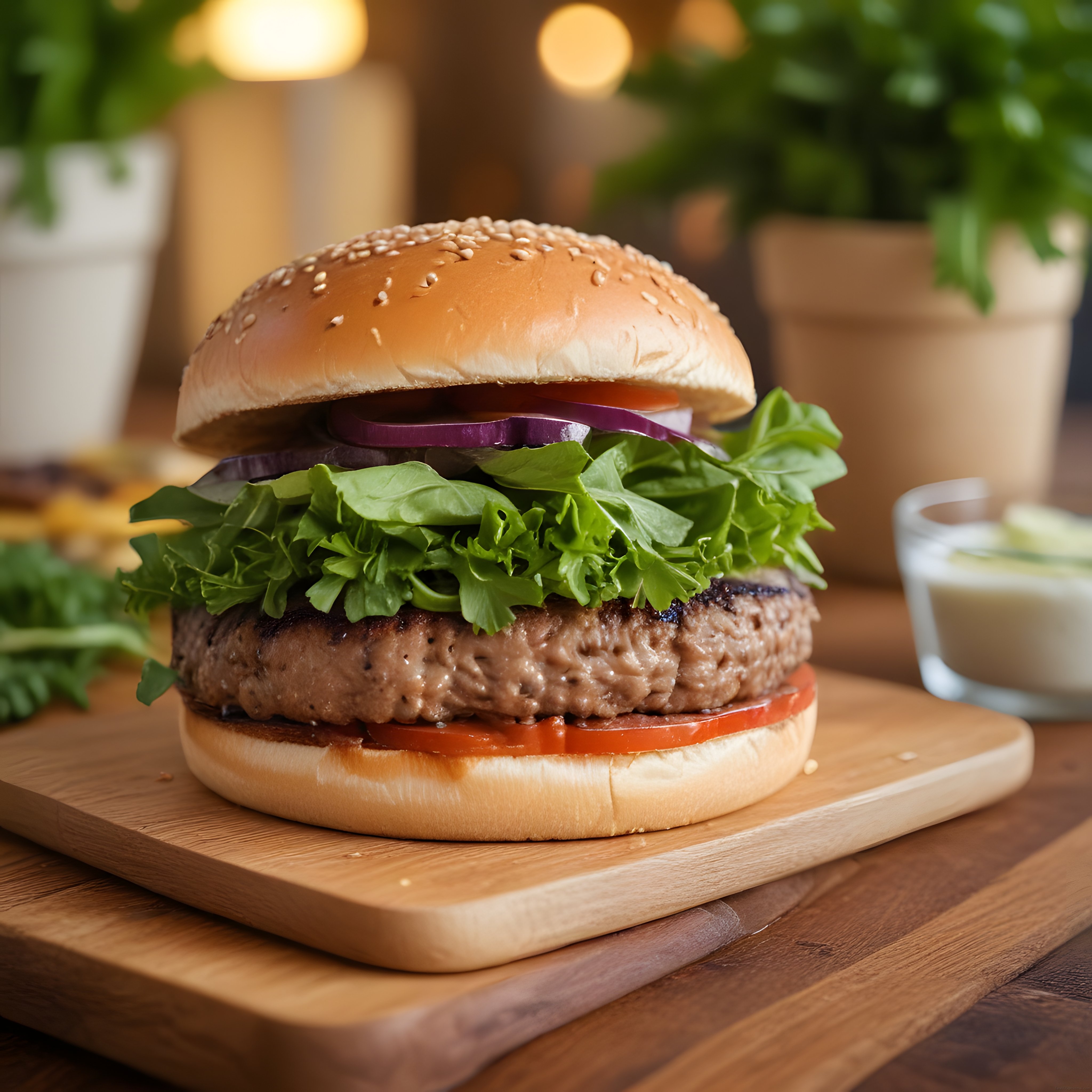 Susamlı Ekmek Arasında Izgara Köfteli ve Taze Yeşillikli Hamburger