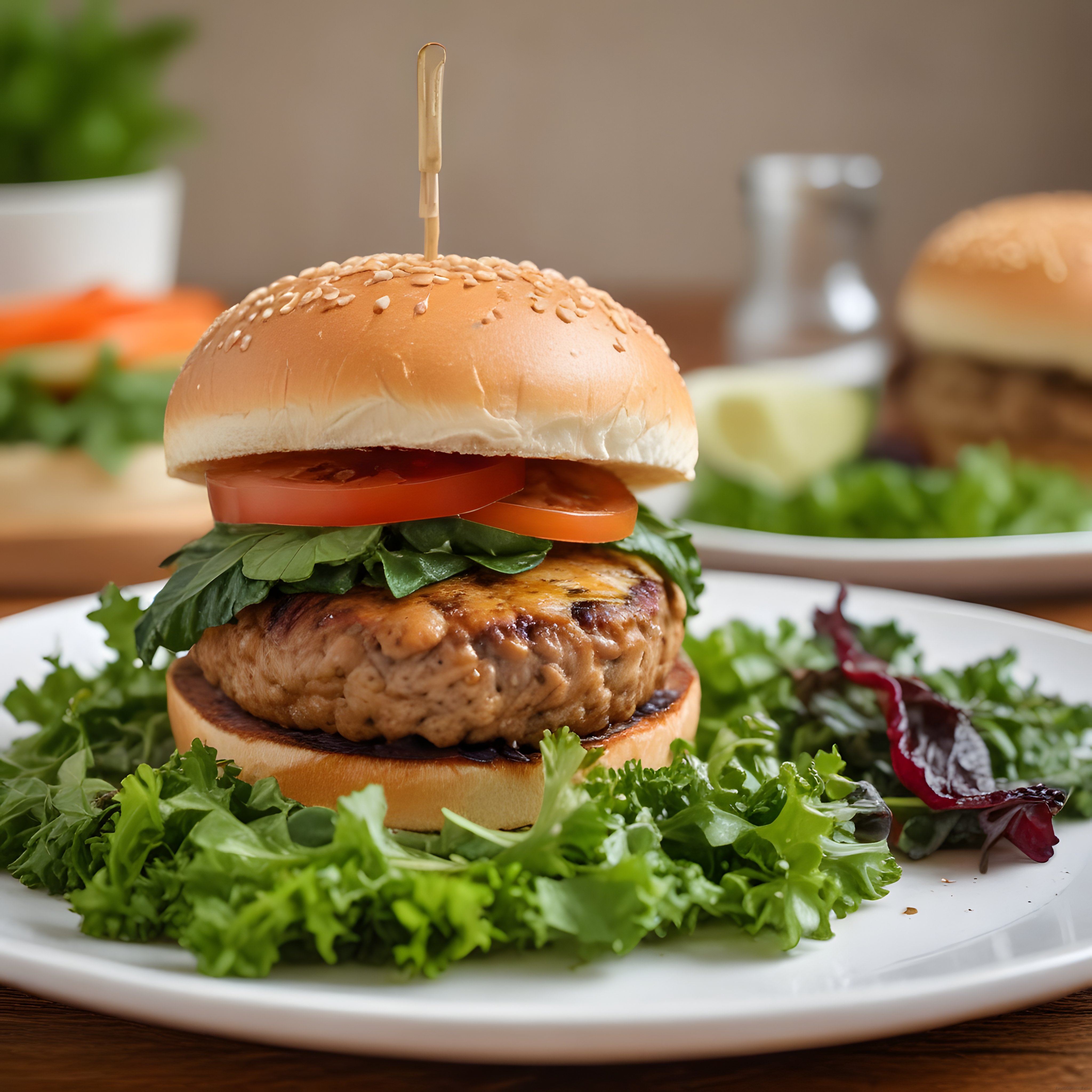 Susamlı Ekmek Arasında Izgara Tavuk Burger ve Taze Yeşillikler