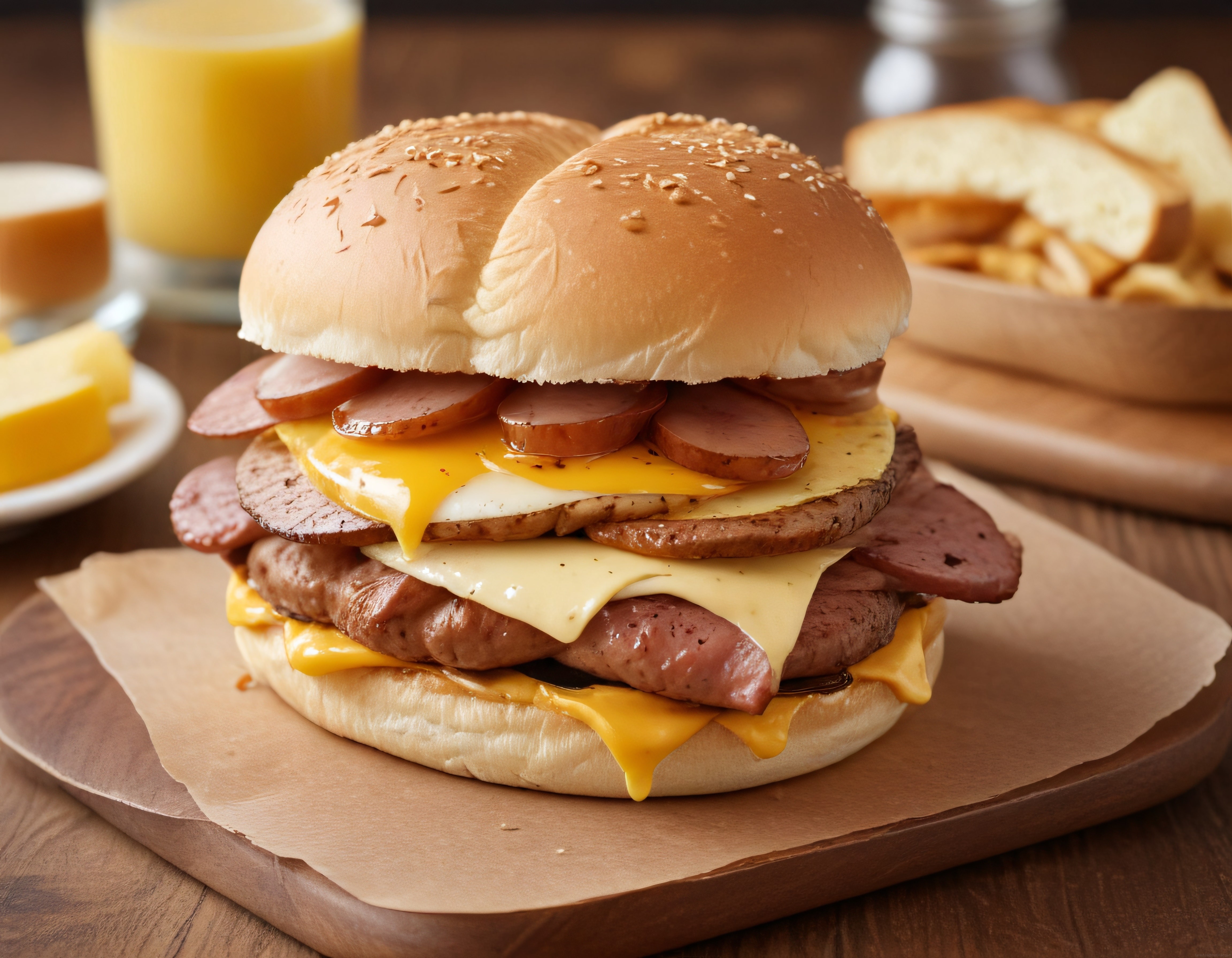 Susamlı Ekmek Arasında Kat Kat Et ve Erimiş Peynirli Kahvaltı Burgeri