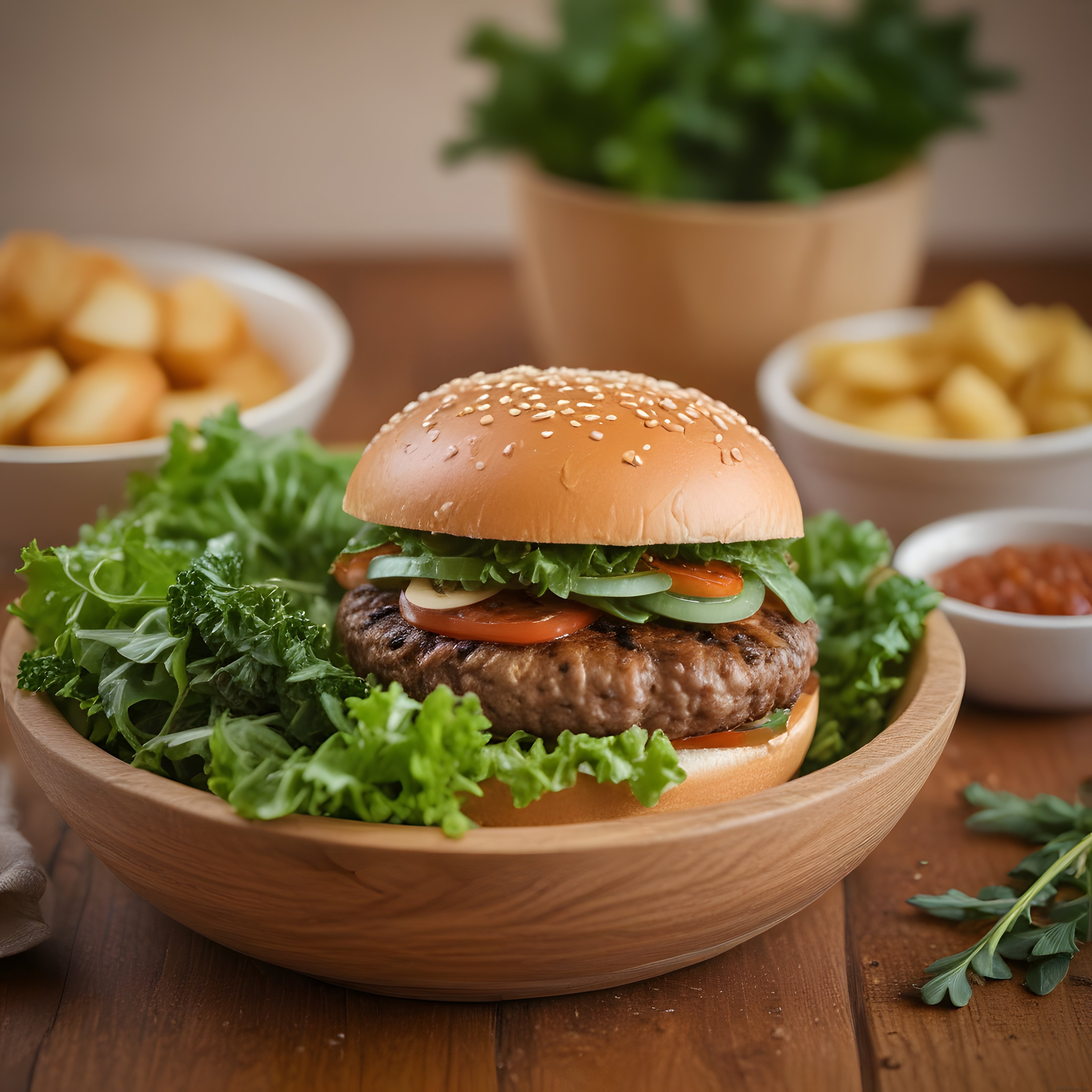 Susamlı Ekmek Arasında Nefis Ev Yapımı Hamburger ve Patates Kızartması