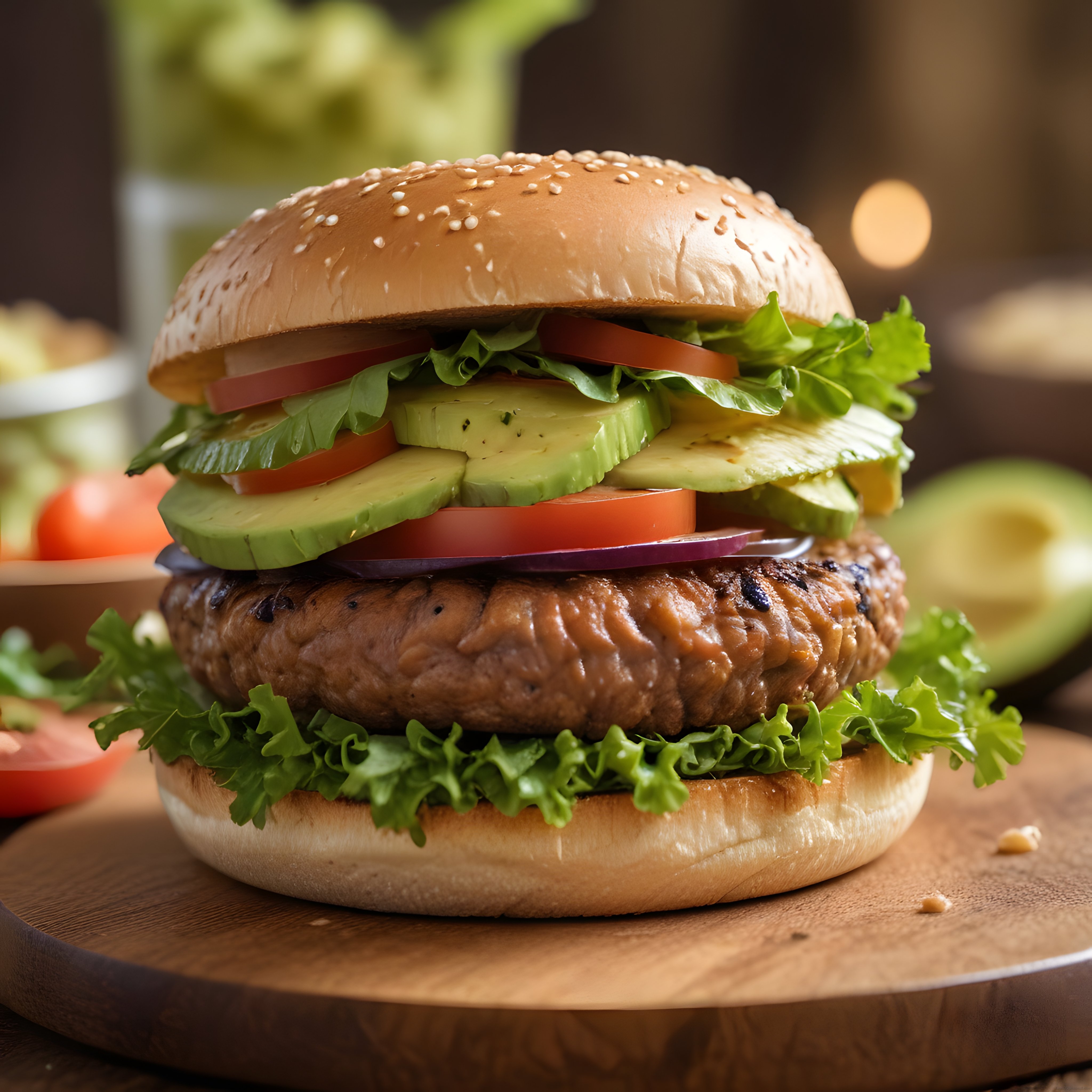 Susamlı Ekmek Arasında Taze Avokadolu ve Izgara Etli Sağlıklı Burger