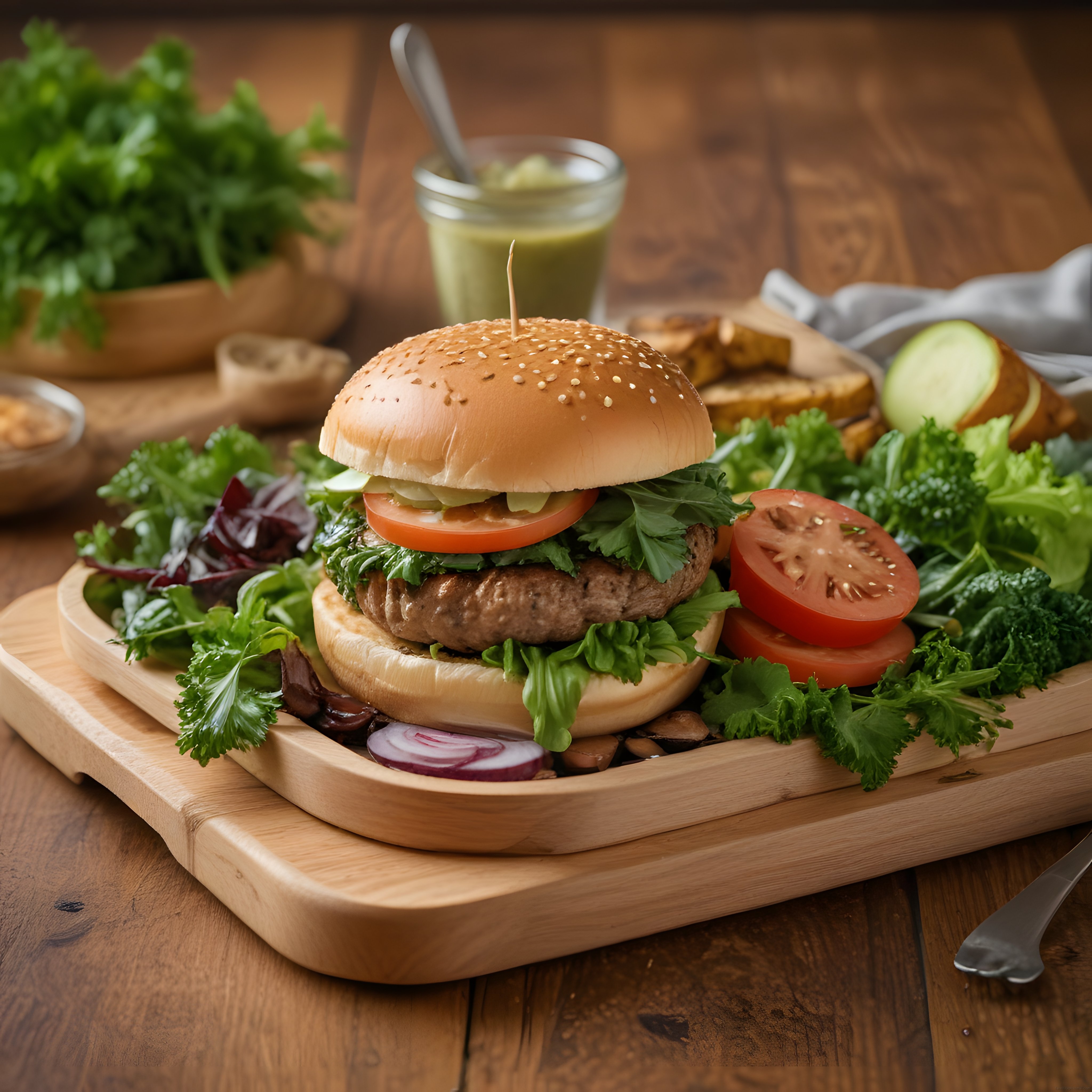 Susamlı ekmek arasında taze sebzelerle dolgun et burger sunumu