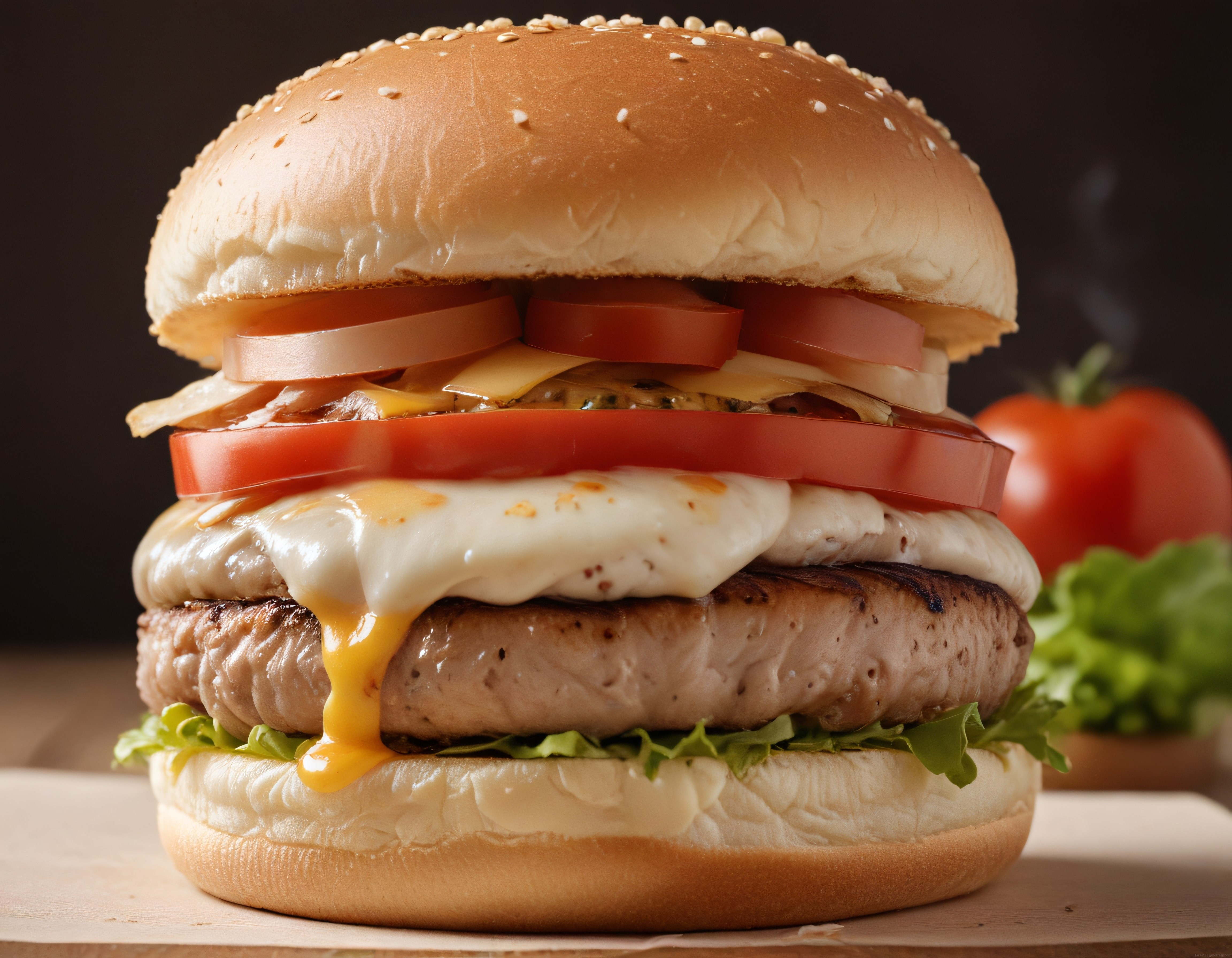 Susamlı ekmek arasında yumurtalı çift kat hamburger ve erimiş peynir sosu