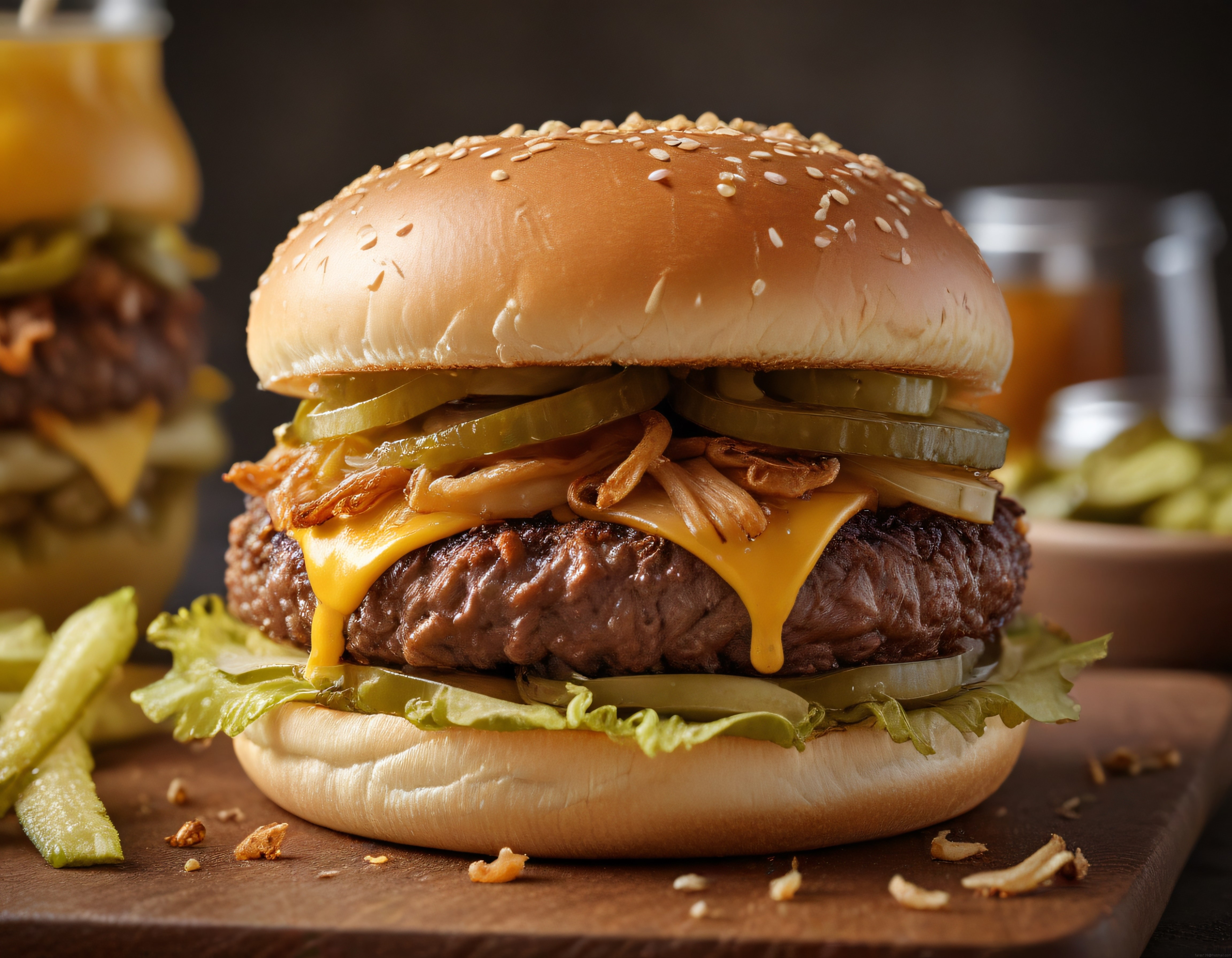 susamlı ekmek üzerinde erimiş cheddarlı karamelize soğanlı burger