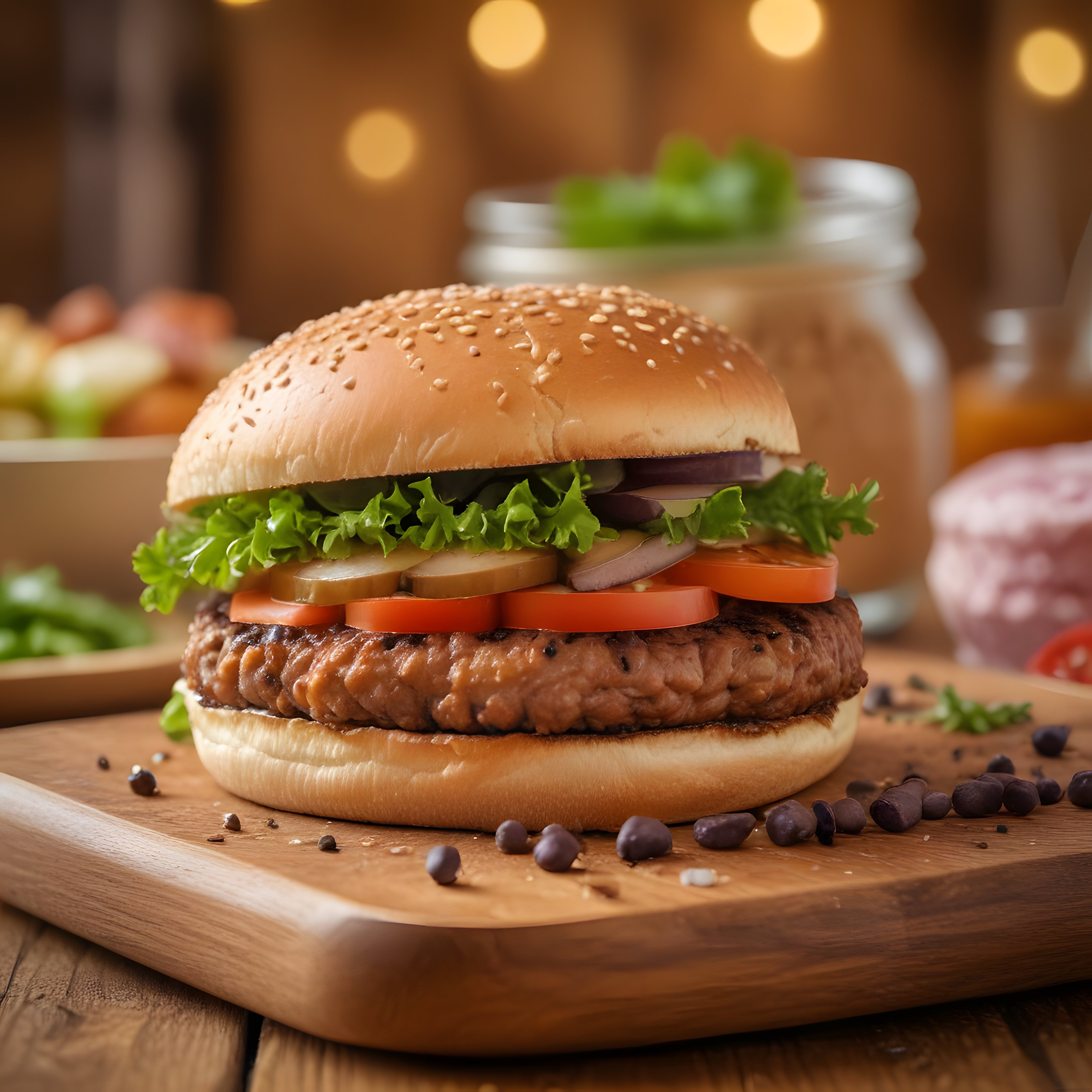 Susamlı ekmek ve ızgara dana köfteyle servis edilen taze sebzeli hamburger