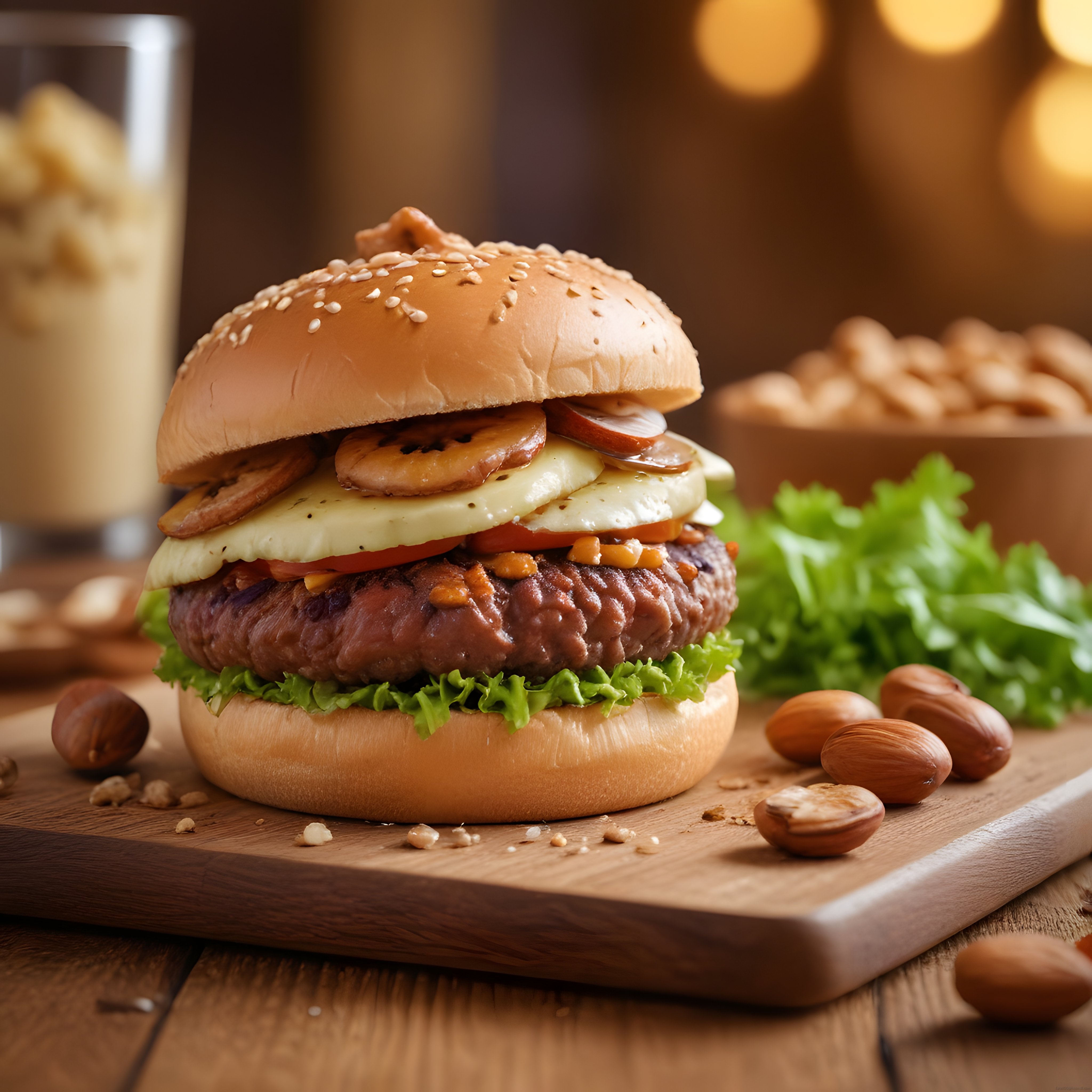 Susamlı Ekmekte Mantar Peynirli Izgara Burger ve Patates Kızartması