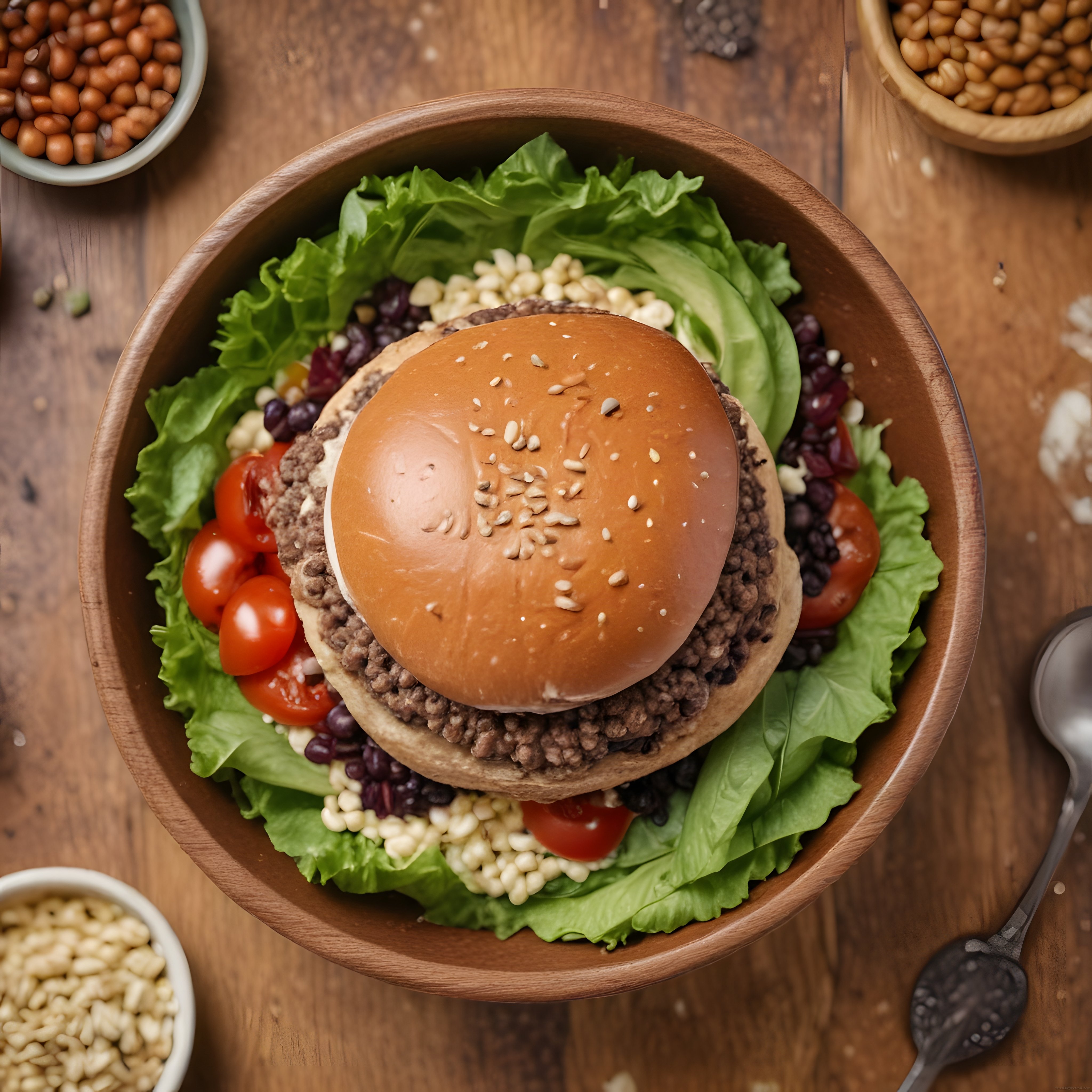 Susamlı Hamburger Köftesi ve Taze Yeşilliklerle Ahşap Kase Sunumu