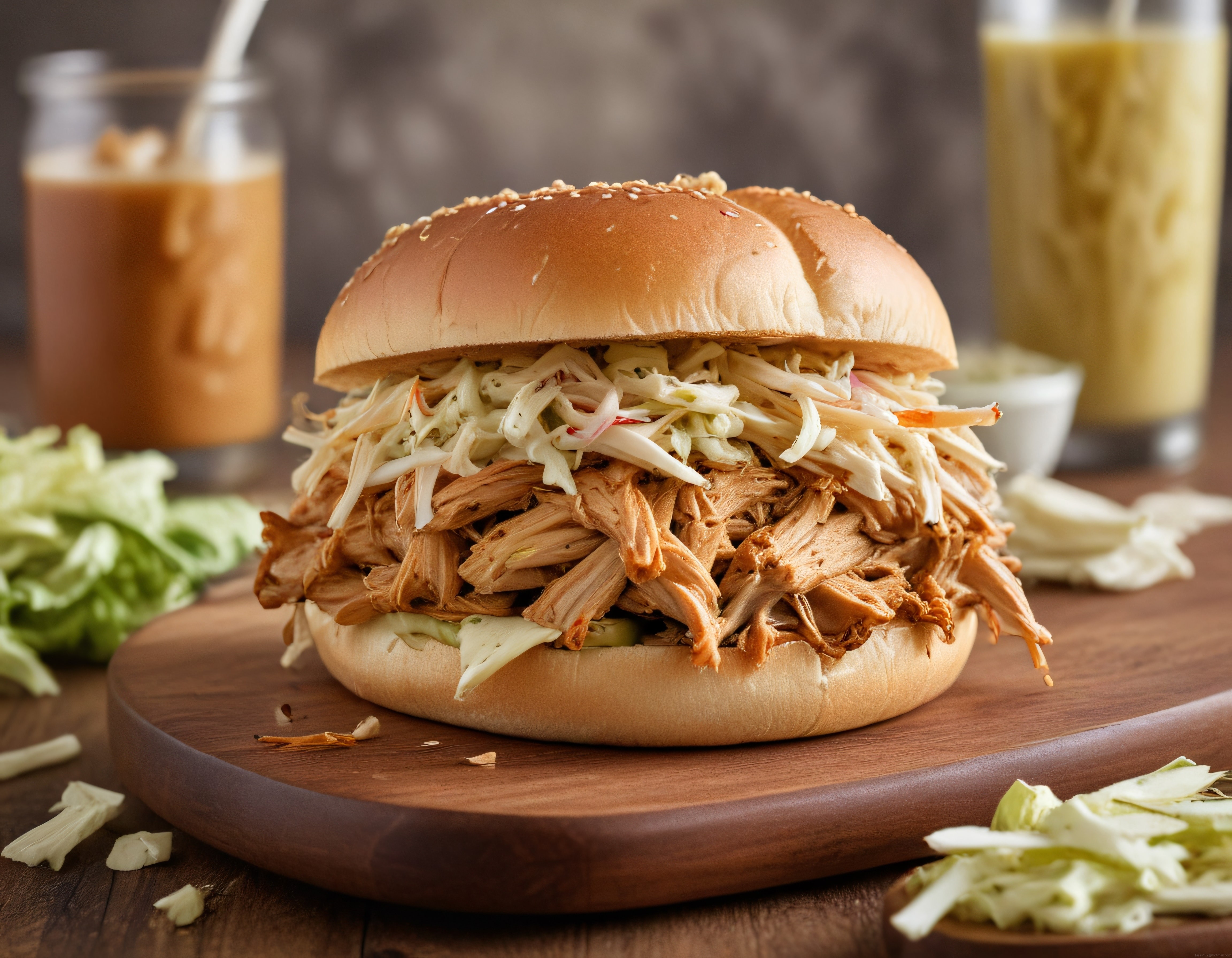Susamlı Yumuşak Ekmek Arası Pulled Chicken ve Coleslaw Dolgulu Burger