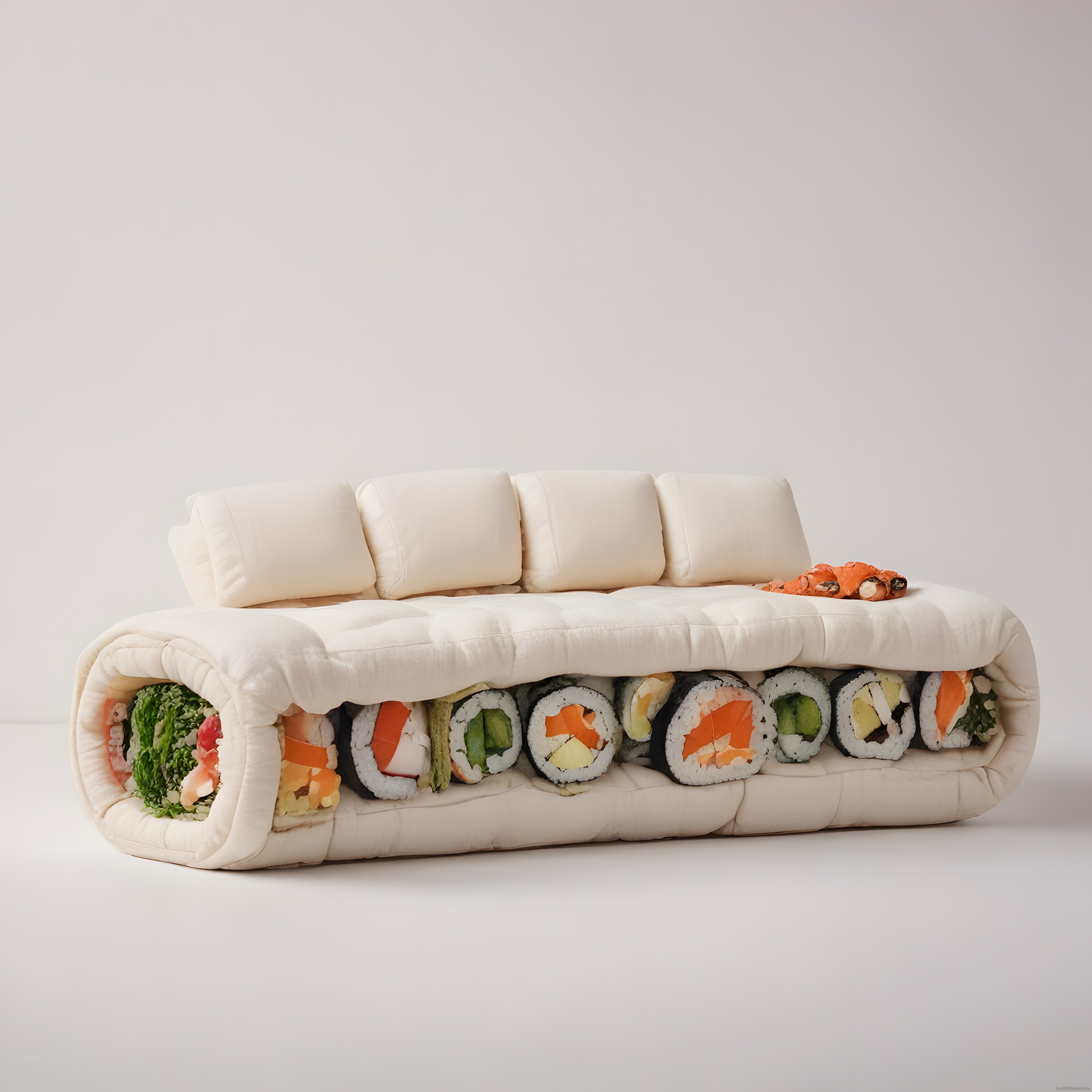 sushi rulolarıyla süslenmiş yaratıcı kanepe tasarımı ve ilginç dekorasyon fikri