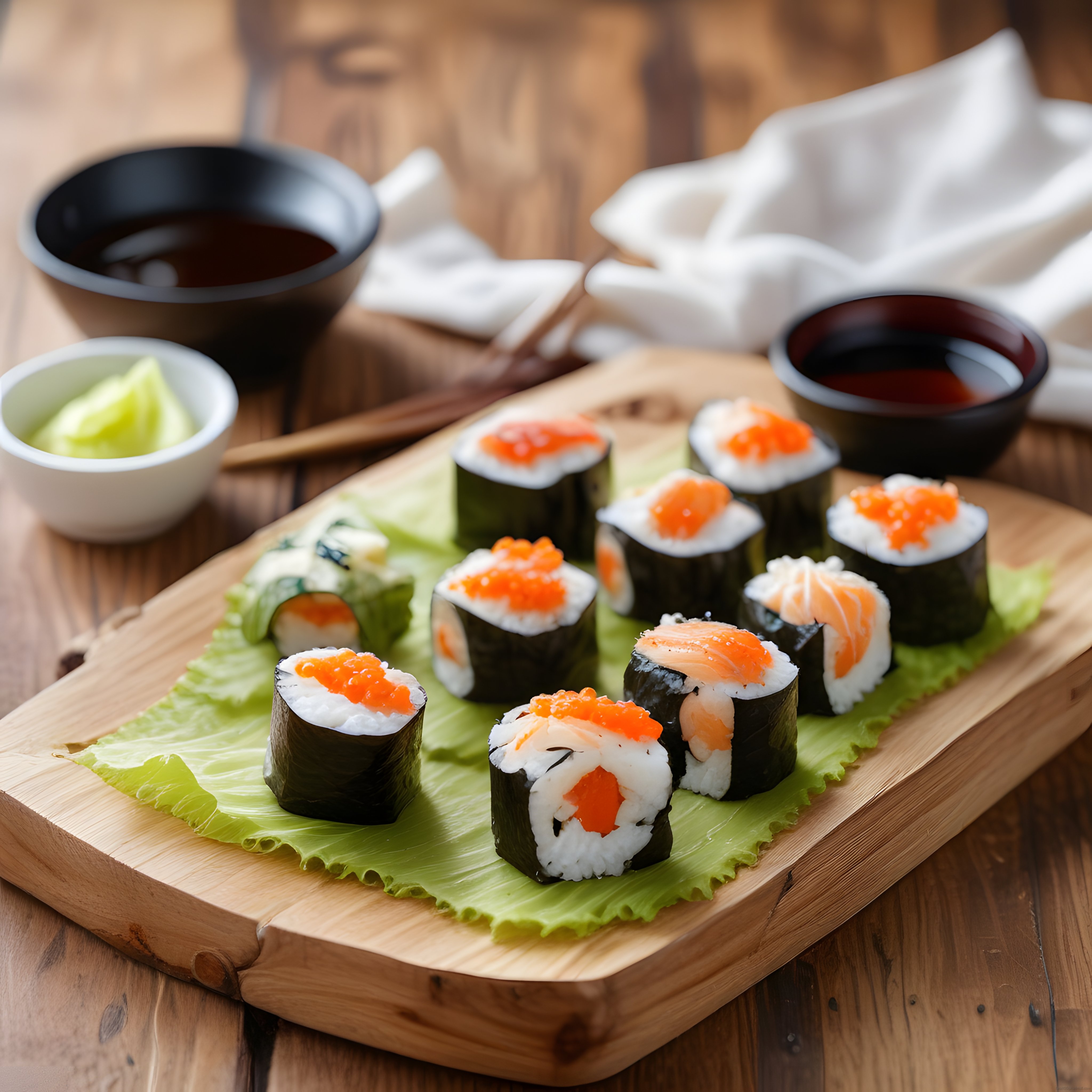 Sushi Sunum Tahtası: Taze Somonlu ve Havyarlı Maki Çeşitleri Ahşap Masada