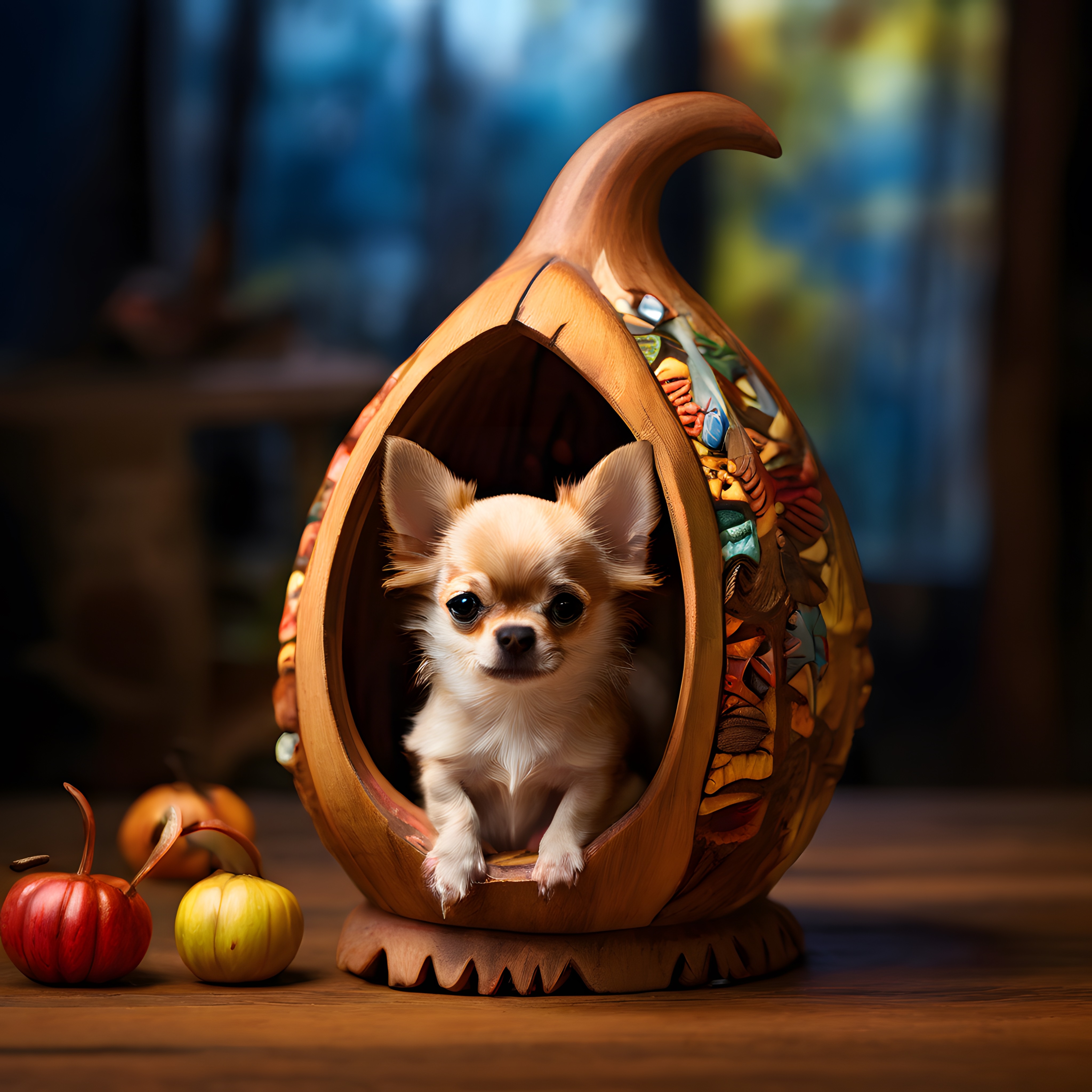 Süslü Ahşap Kulübede Oturan Sevimli Chihuahua Köpek ve Sonbahar Balkabakları