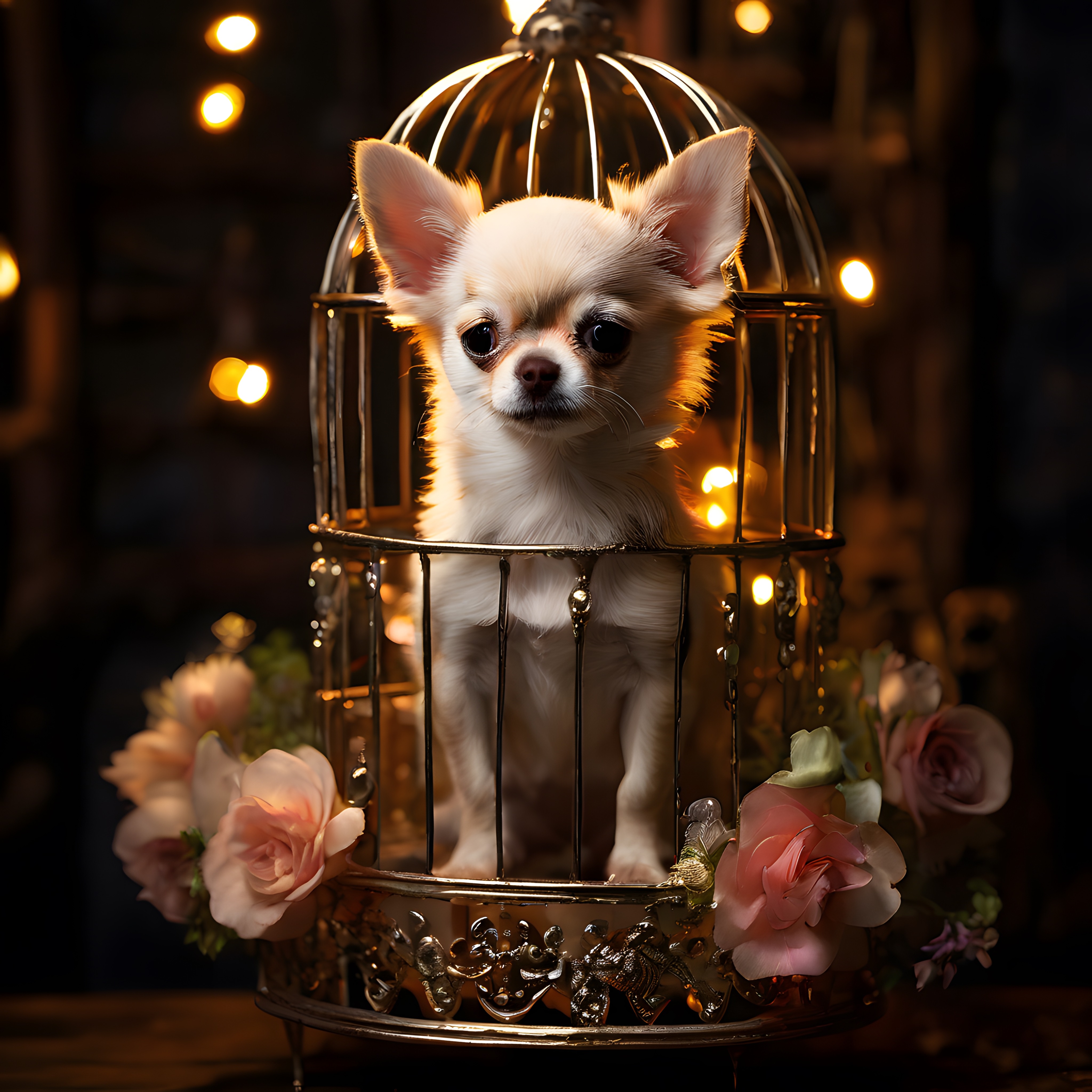Süslü Kafes İçinde Oturan Büyük Kulaklı Sevimli Chihuahua Köpeği