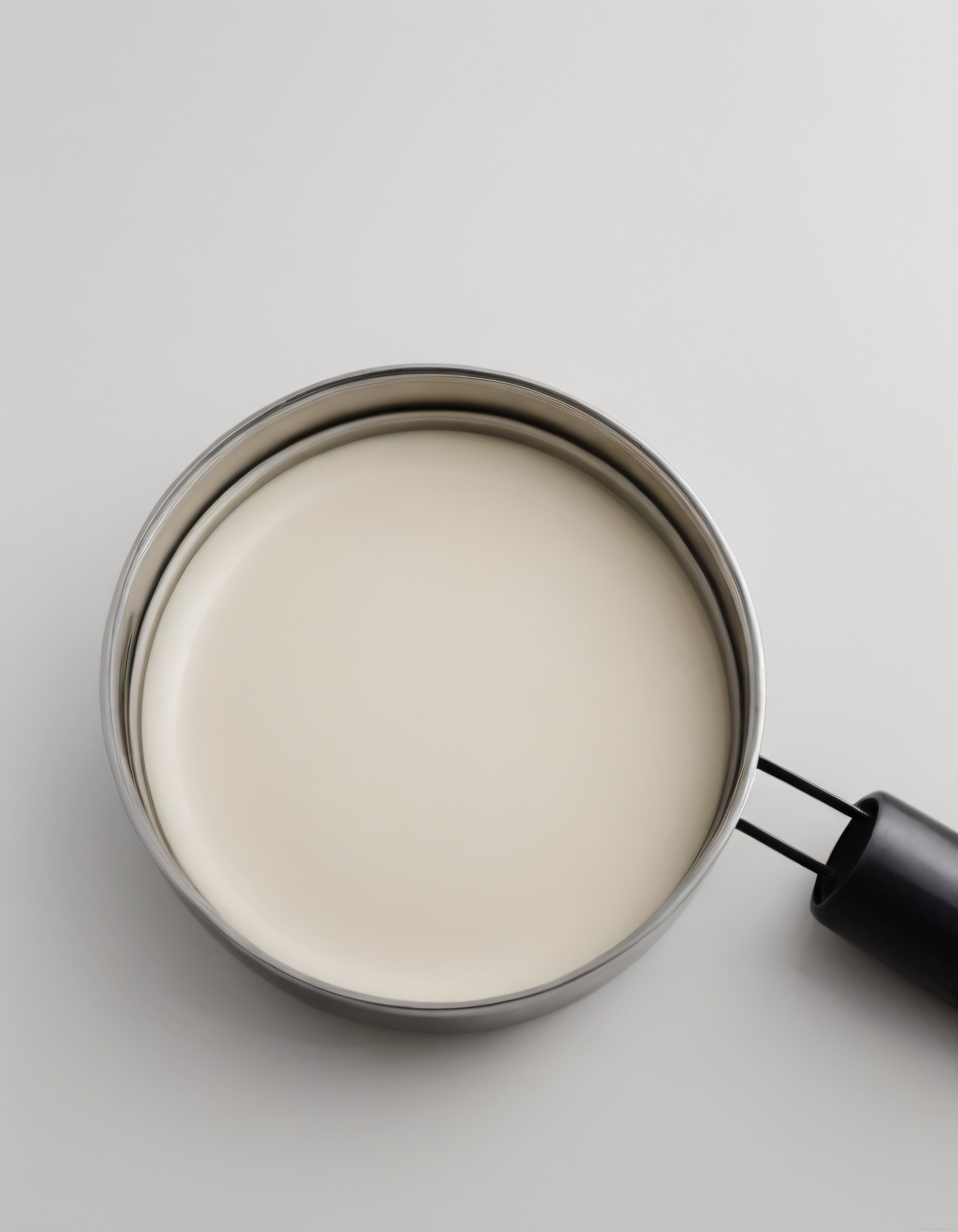 Süt dolu modern metal tencere ve minimalist açık gri arka plan fotoğrafı