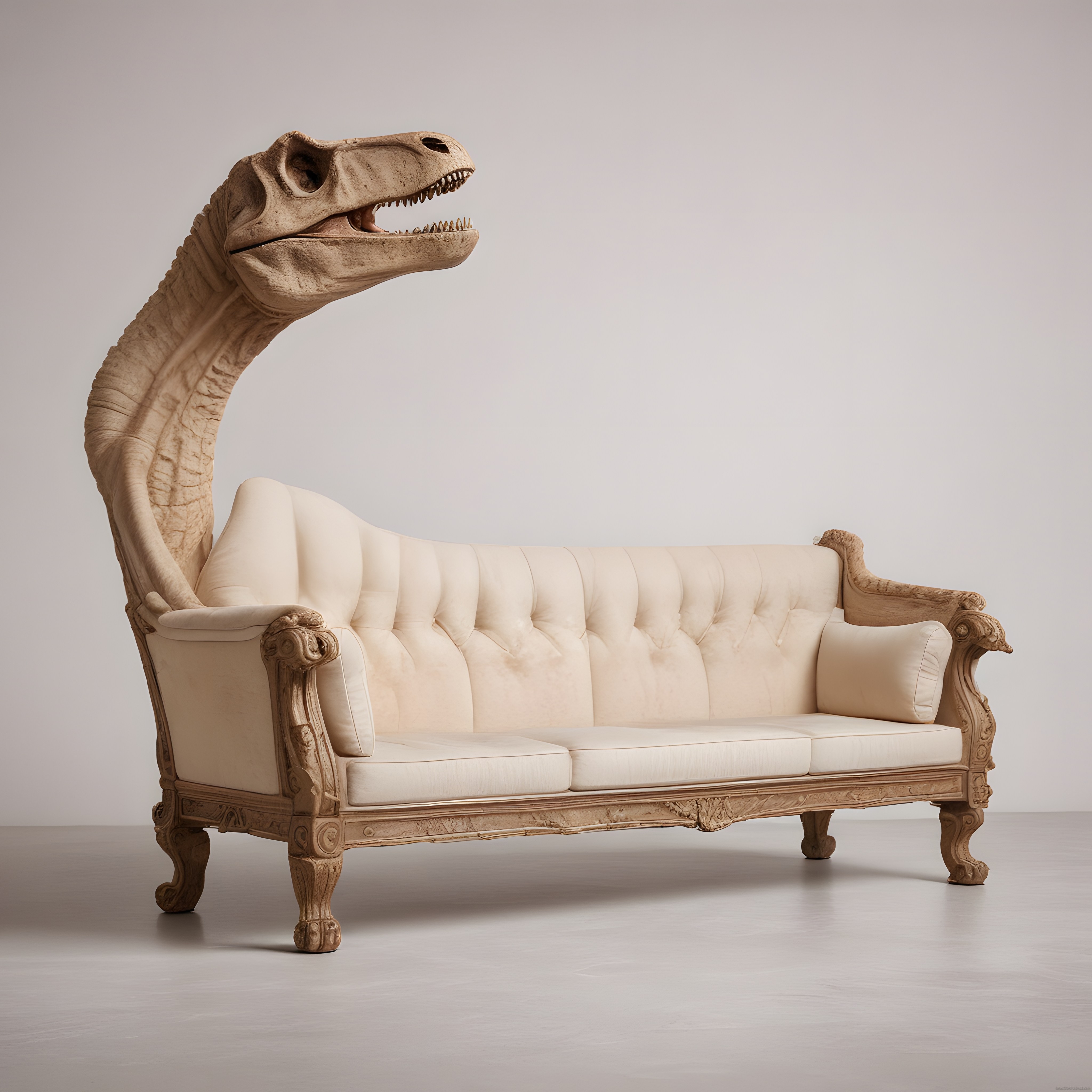 T-Rex Kafalı İşlemeli Barok Kanepe: Süreal Antika Mobilya Eseri