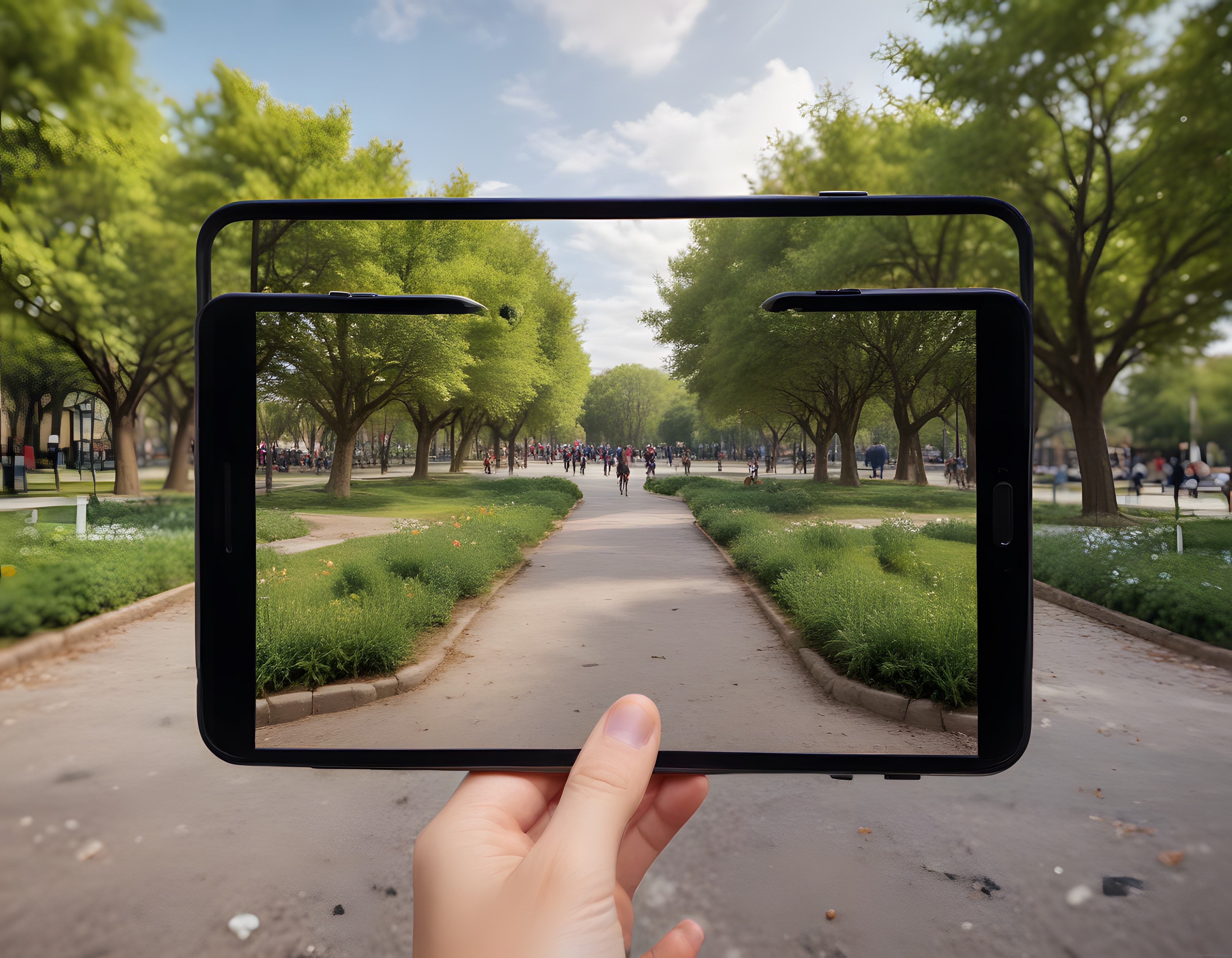 Tablet Ekranında Çerçevelenmiş Yemyeşil Park Yolu ve Bahar Atmosferi