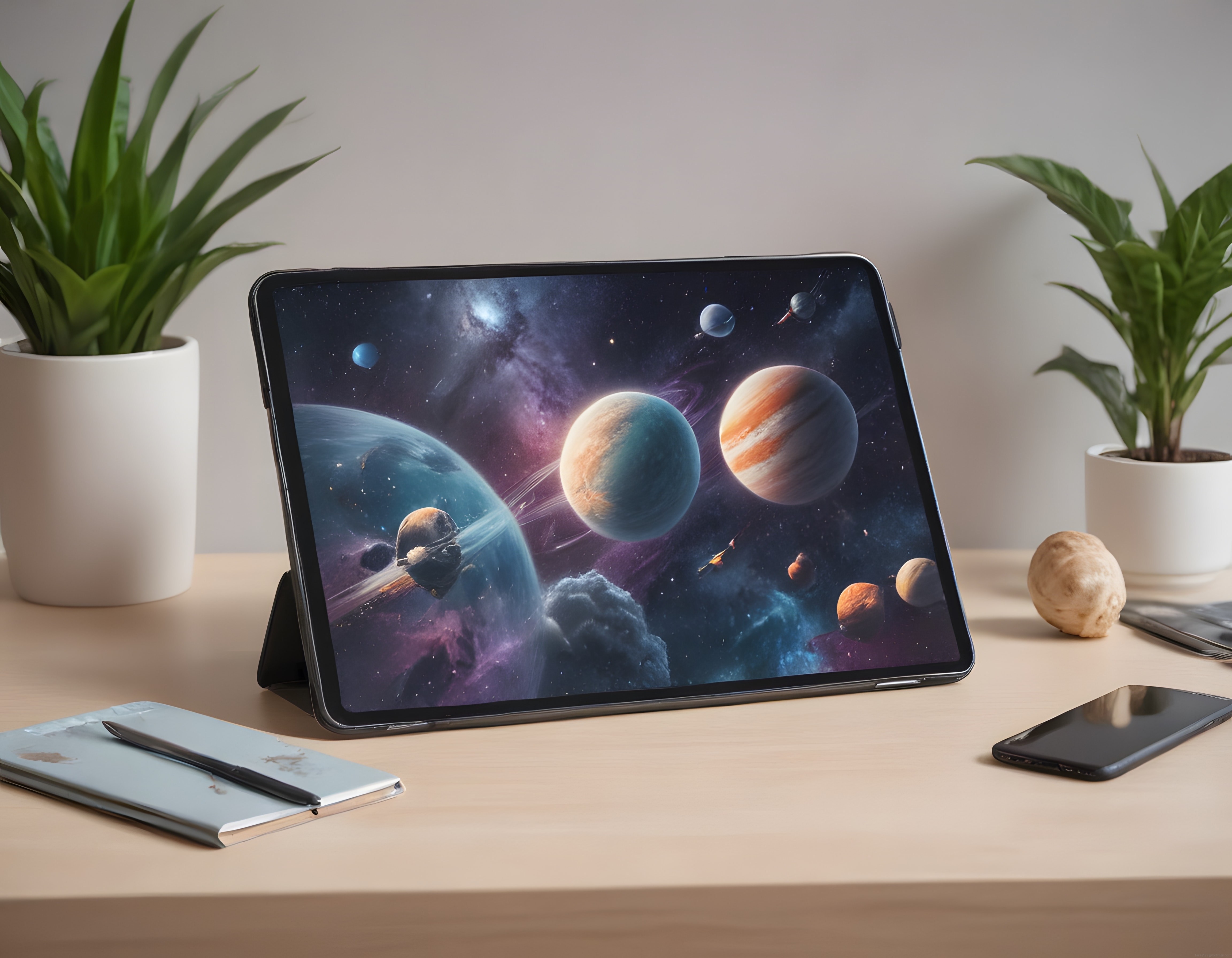 Tablet Ekranında Görkemli Uzay Manzarası ve Modern Çalışma Masası Düzeni
