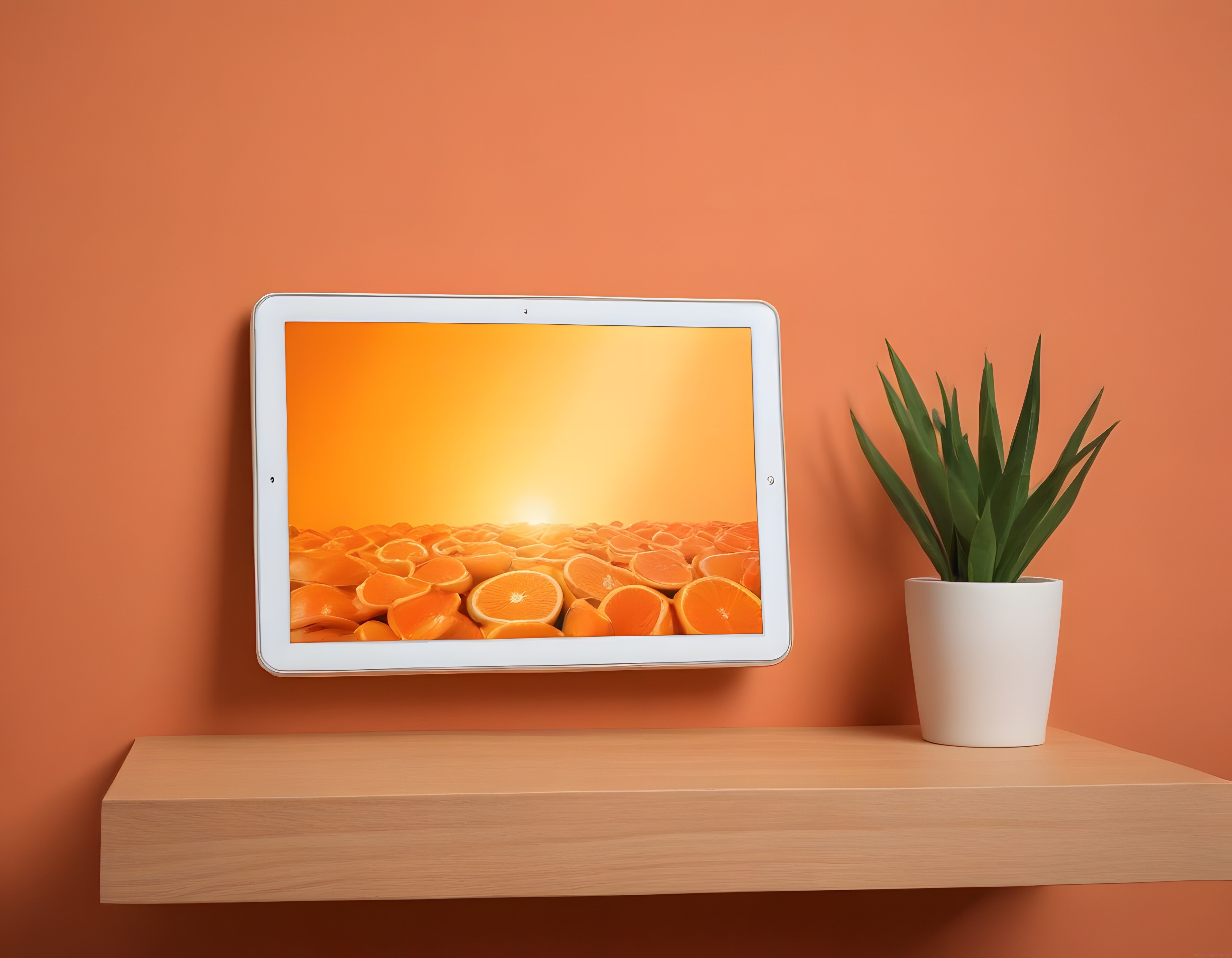Tablet Ekranında Portakal Dilimli Gün Batımı ve Minimalist Turuncu Dekorasyon