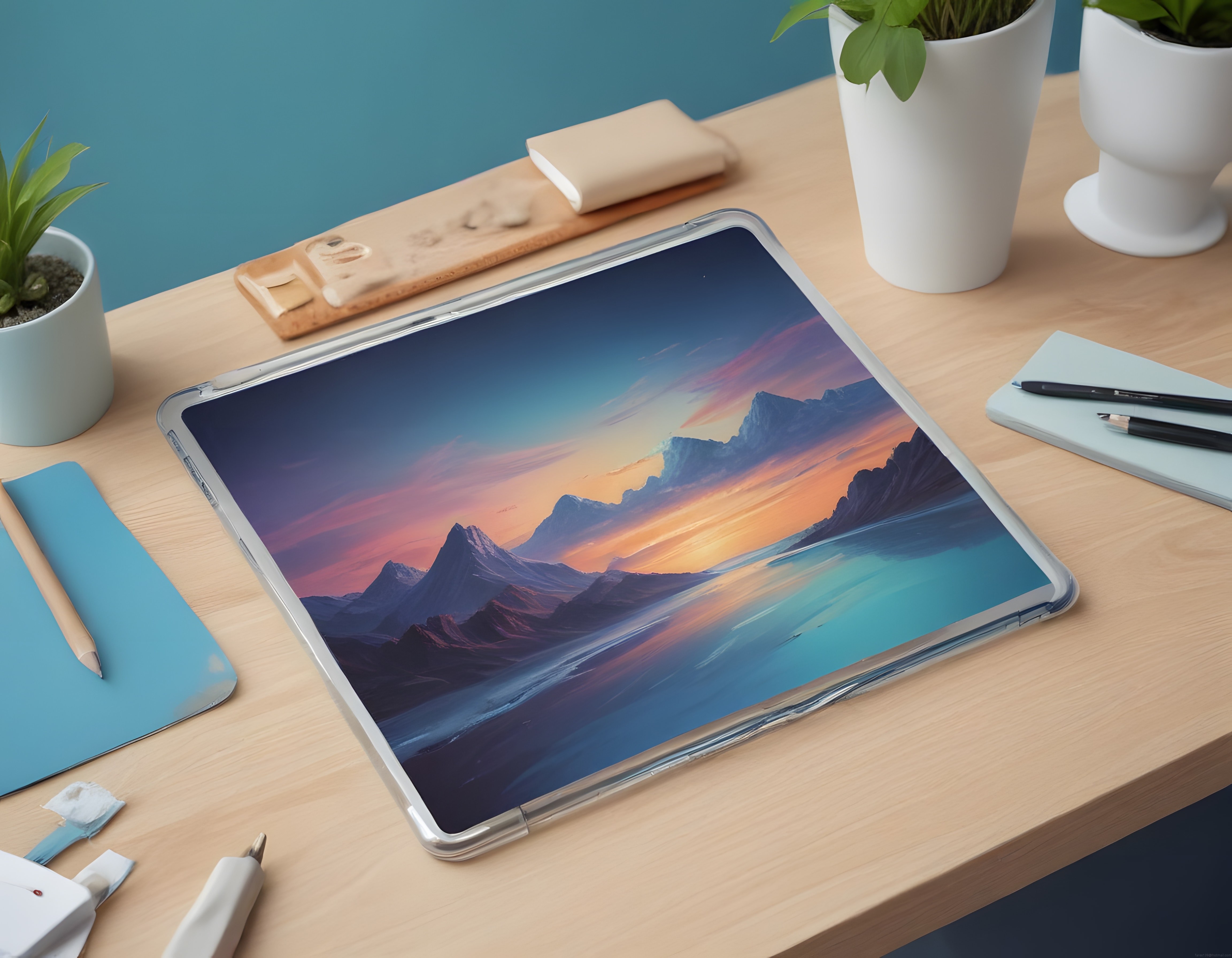 Tablet Ekranında Renkli Gün Batımı ve Göl Manzarası ile Modern Çalışma Masası