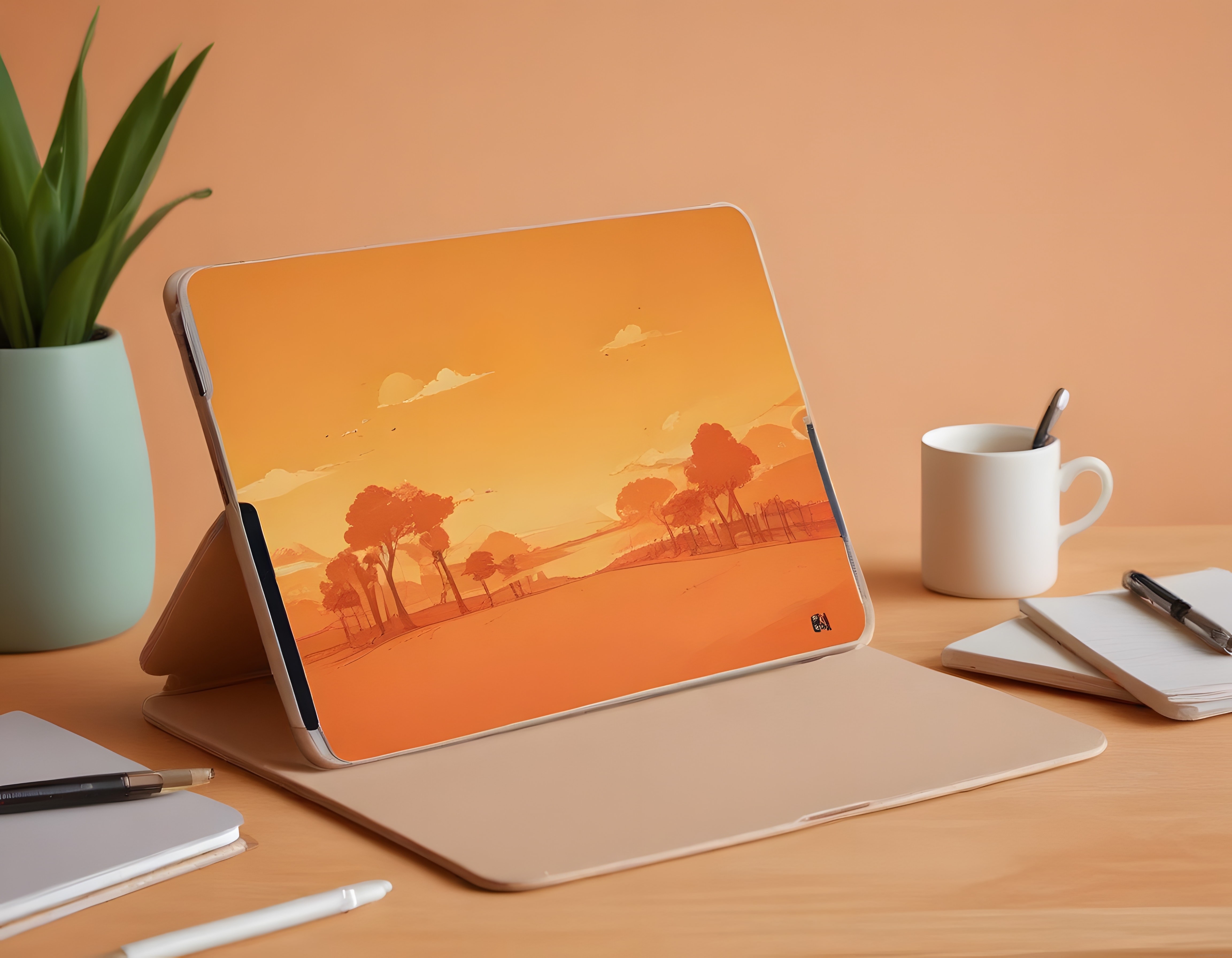 Tablet Ekranında Sanatsal Gün Batımı Manzarası ve Sıcak Çalışma Ortamı