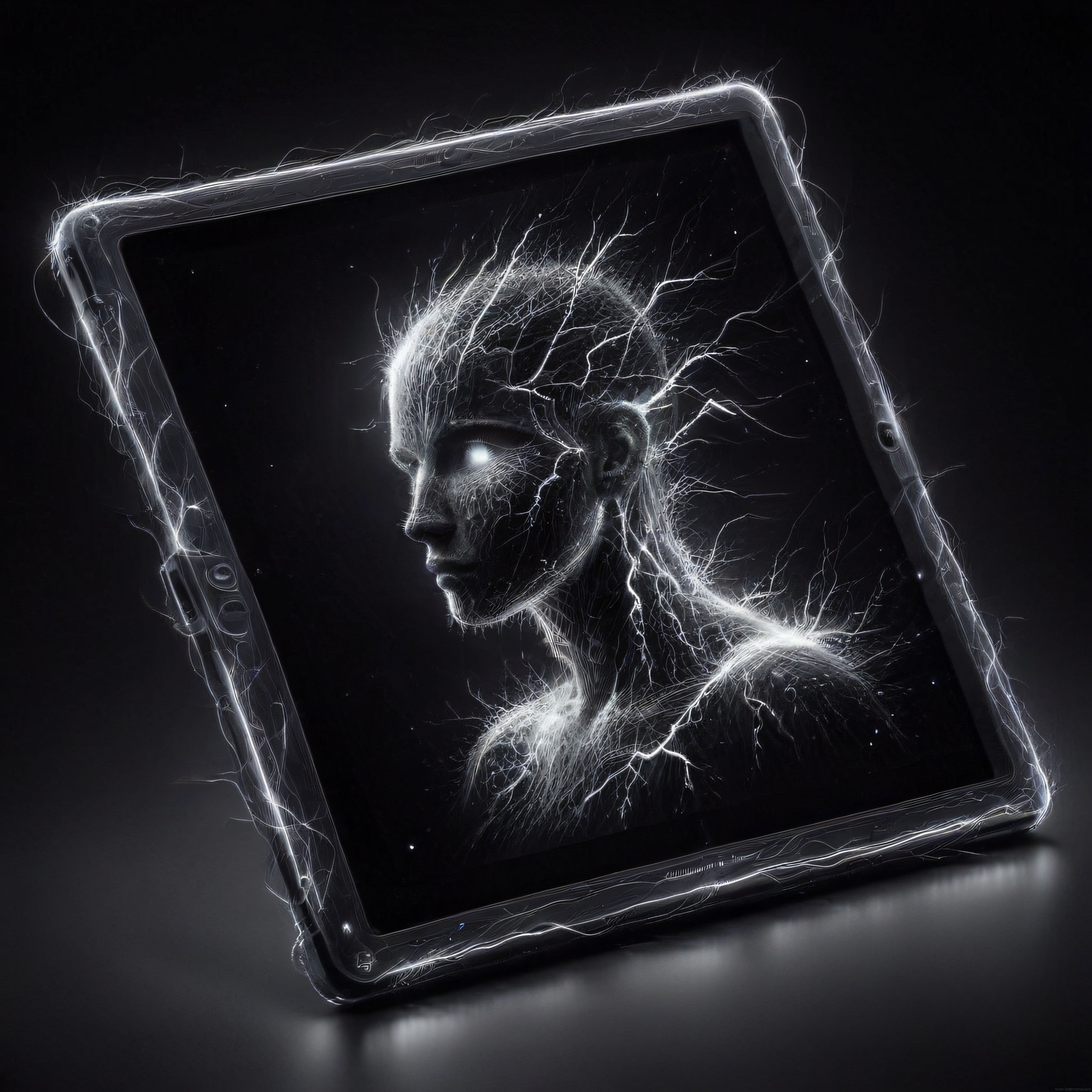 Tablet Ekranında Sinir Ağlarından Oluşan Yapay Zeka Portresi ve Dijital Sanat