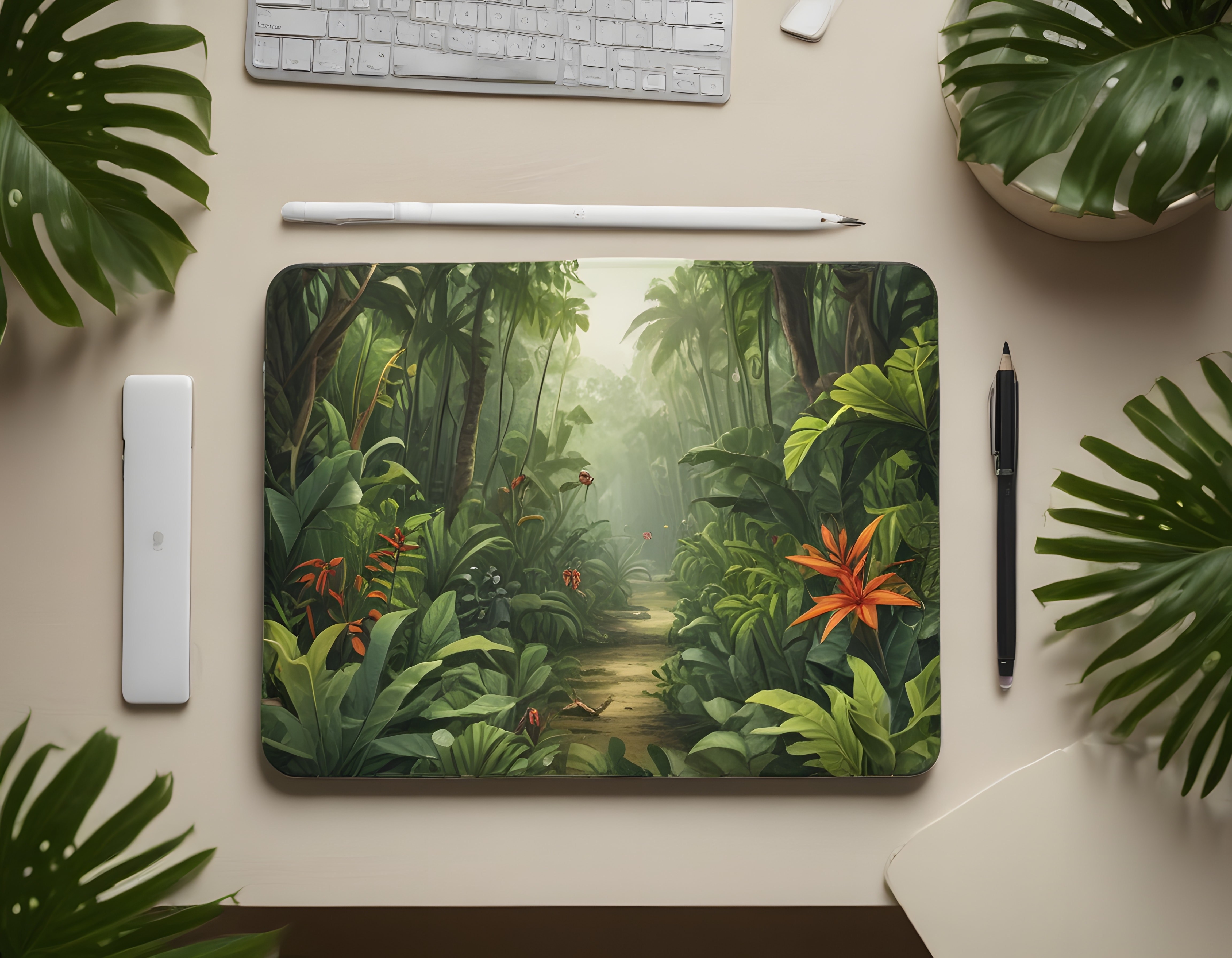 Tablet Ekranında Tropik Orman Dijital İllüstrasyonu ve Minimalist Masa Düzeni