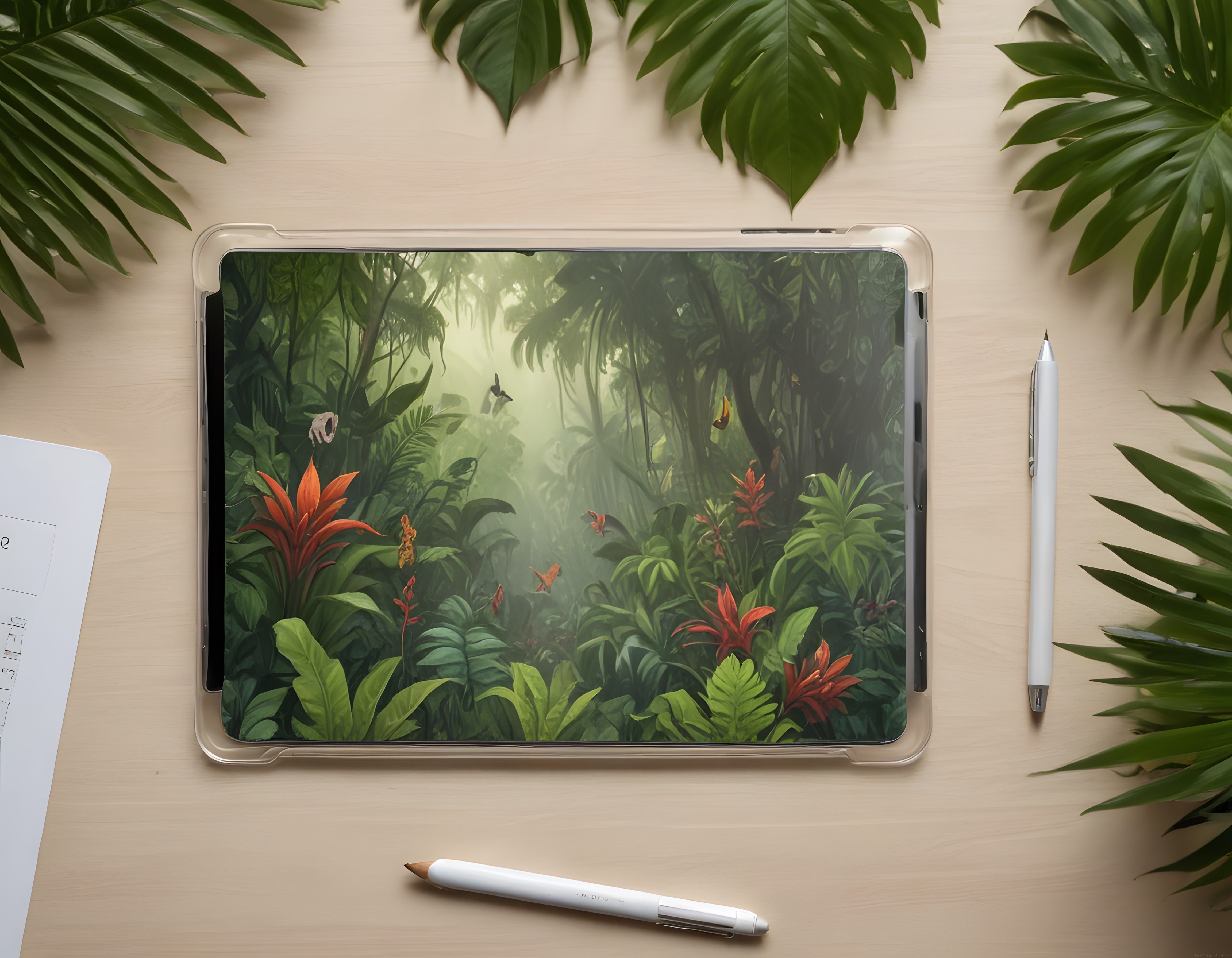 Tablet Ekranında Tropikal Orman Dijital Sanat Çalışması ve Minimal Masa Düzeni