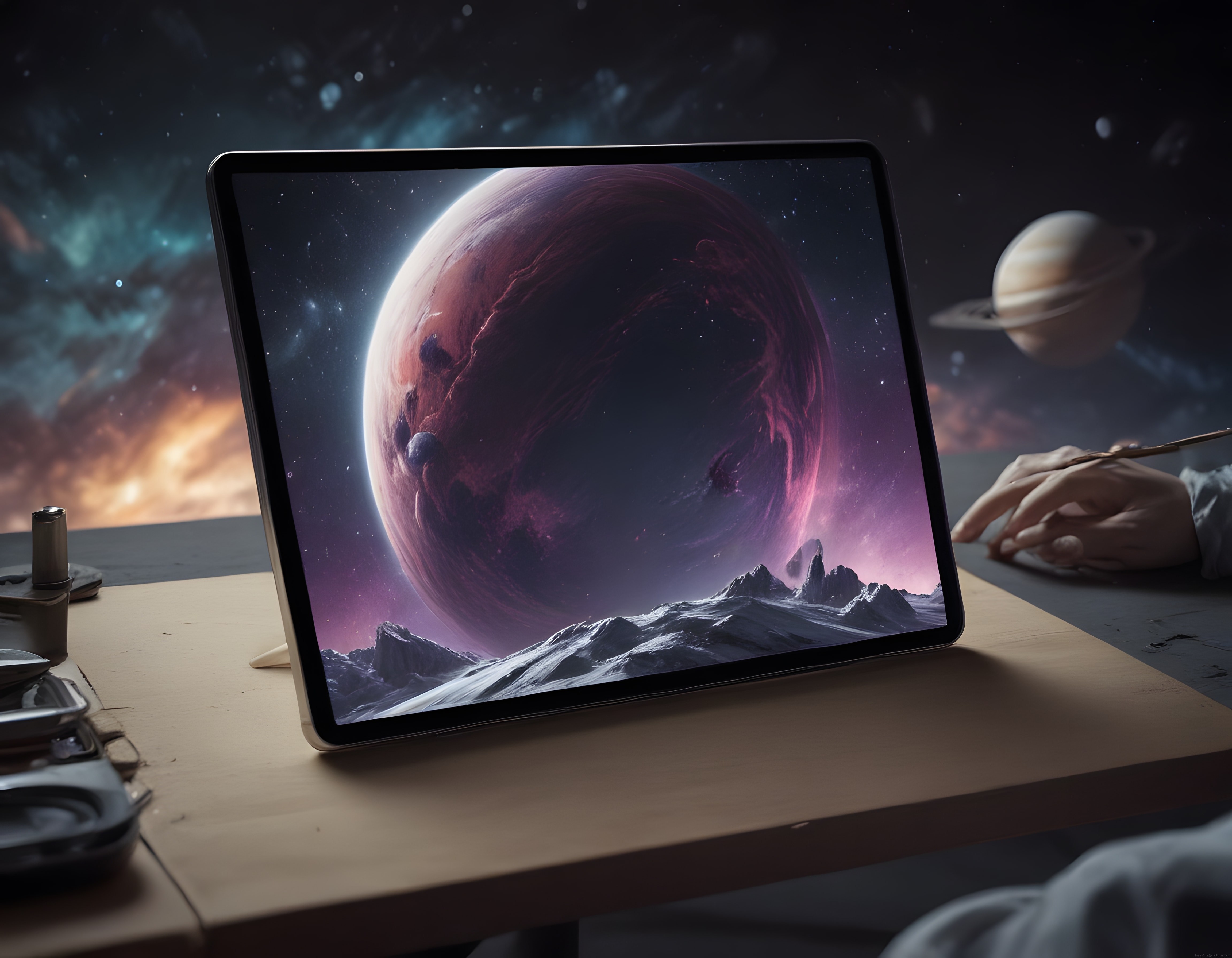 Tablet Ekranında Uzay Temalı Dijital Sanat Çalışması ve Gezegen Manzarası