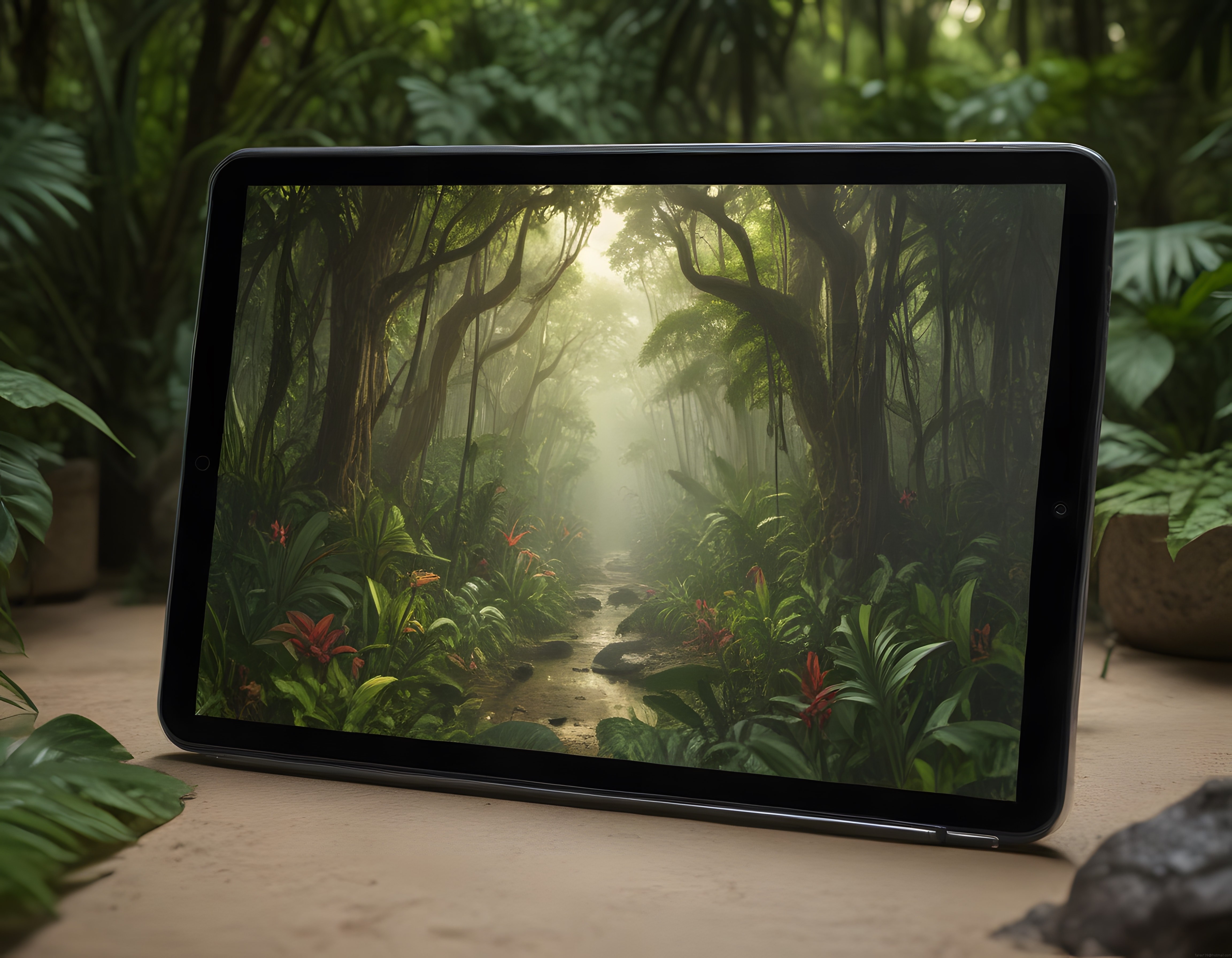 Tablet Ekranından Yansıyan Büyüleyici Tropikal Orman ve Nehir Manzarası