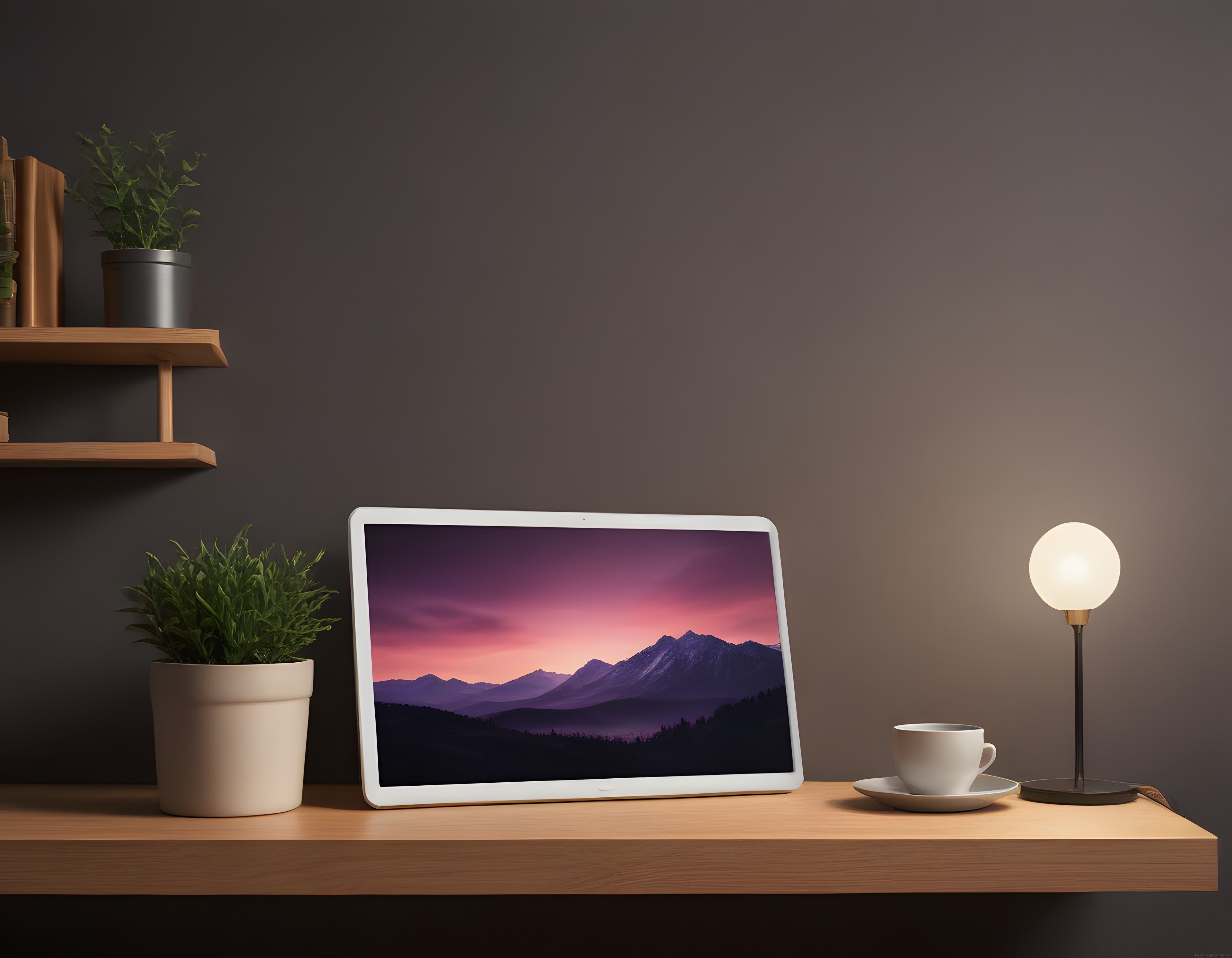 Tabletli Minimal Çalışma Köşesi ve Dağ Manzaralı Ekran ile Sıcak Ev Dekoru
