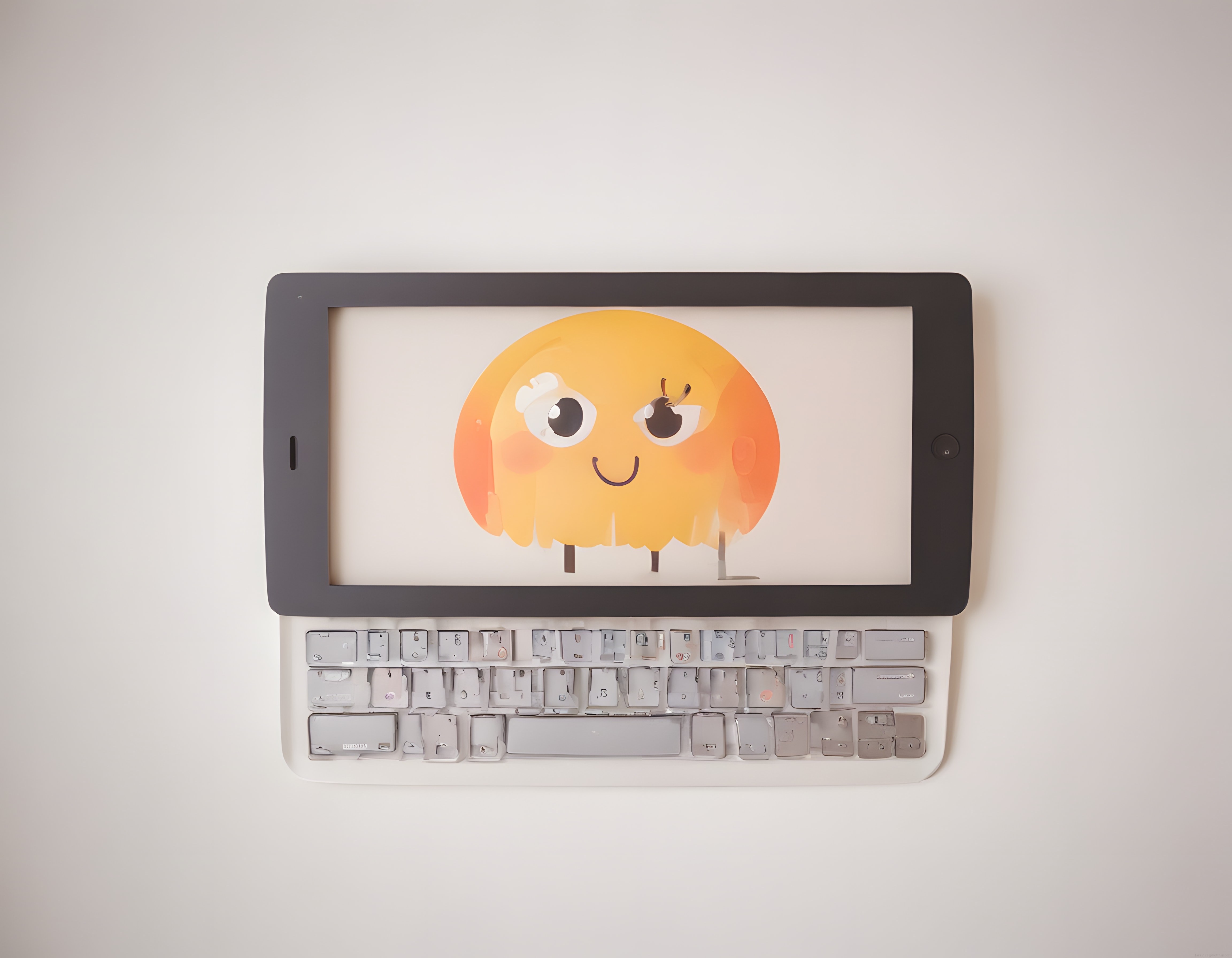 Tablette Gösterilen Sulu Boya Tarzında Sevimli Dijital Karakter ve Minimal Klavye Tablette Gösterilen Sulu Boya Tarzında Sevimli Dijital Karakter ve Minimal Klavye