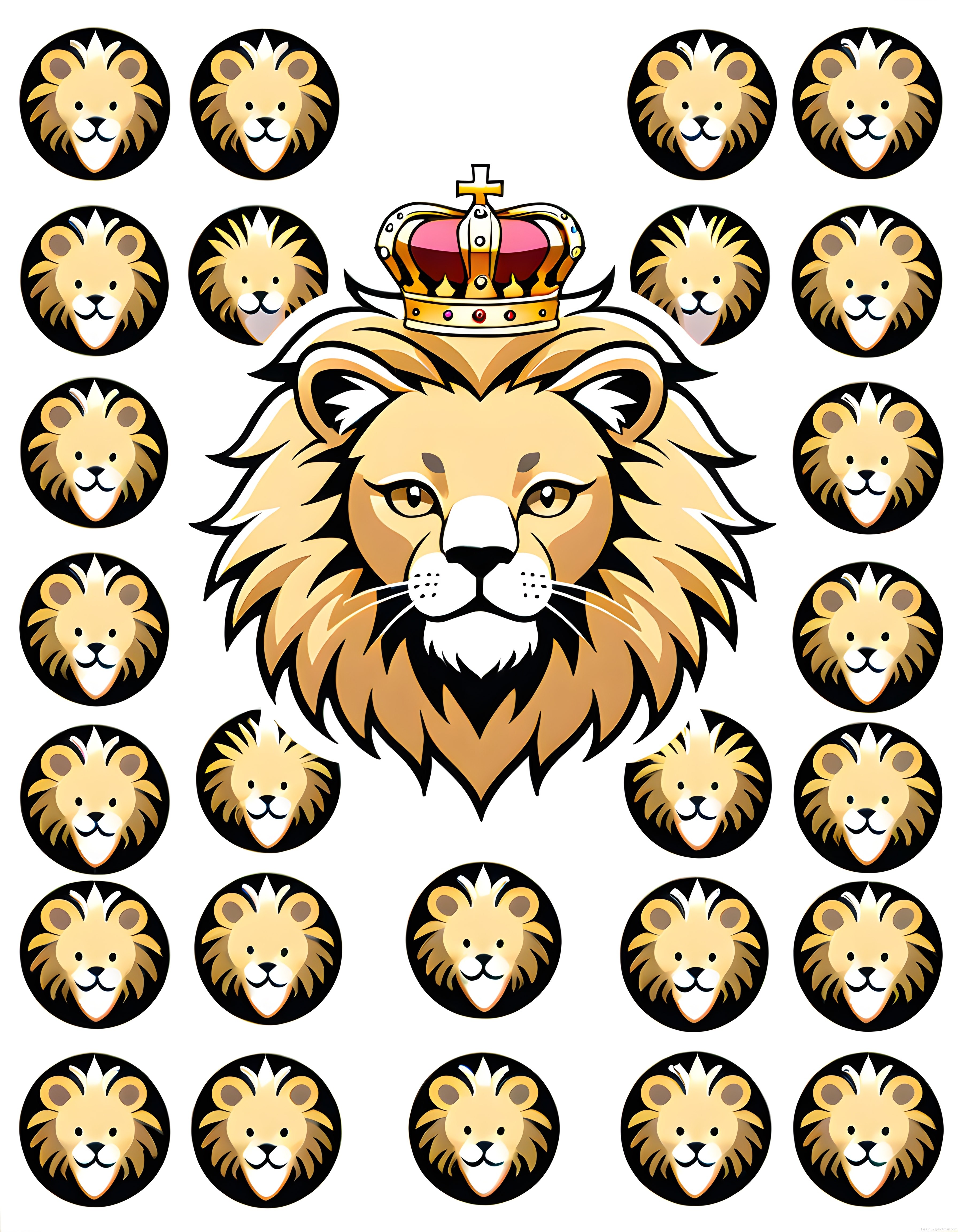 Taç Giymiş Aslan Kral Vektör Maskot Logo ve Yuvarlak İkon Seti